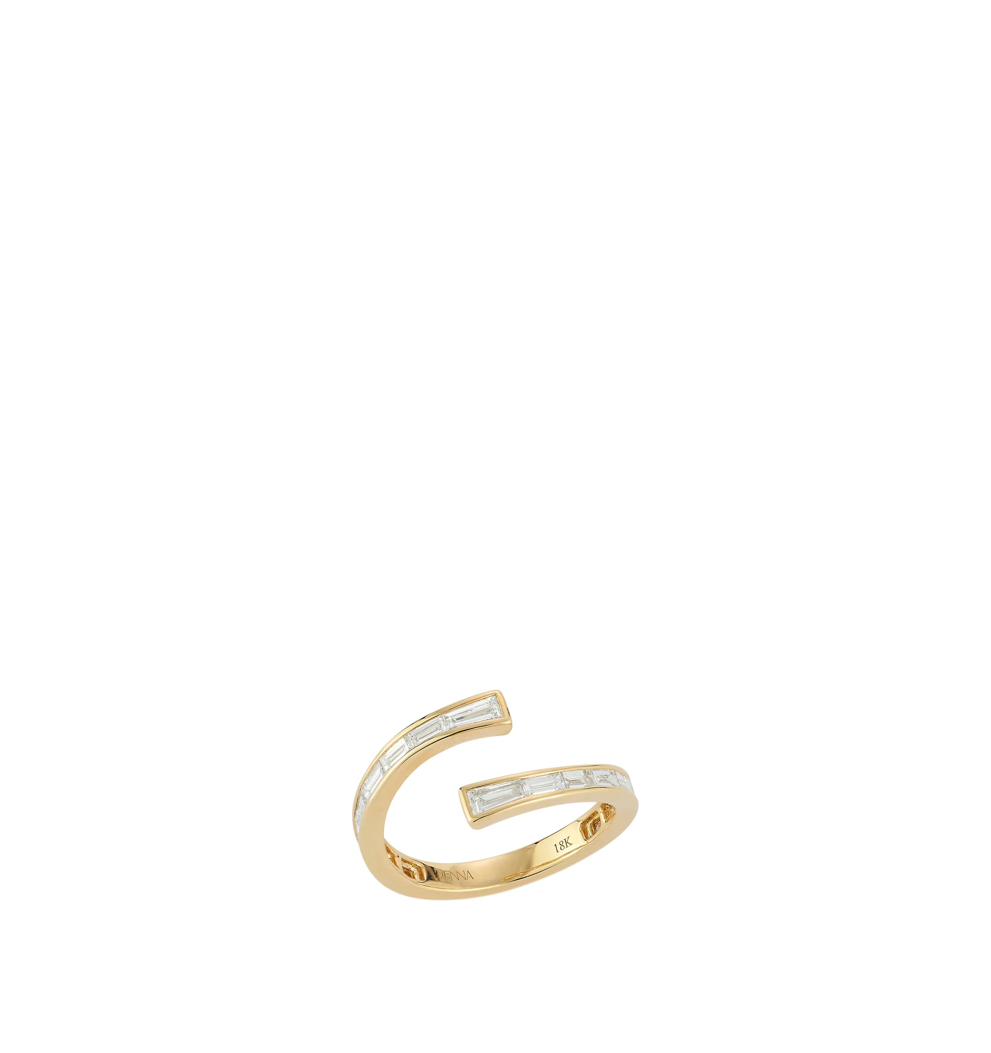 Image 2 of 2 - GOLD - Renna Equator Open Wave Ring is crafted in 18K gold and features a sleek open-band silhouette set with baguette-cut diamonds that elegantly wrap around the finger. Defined by its fluid, contemporary shape and geometric diamond setting, this fine jewelry ring showcases. Main Material: 18K Gold. Gemstones: Baguette-Cut Diamonds. Total Diamond Weight: Approximately 0.81 TCW for Size 6.For personal consultation and detailed information about jewelry, please contact our dedicated stylist te