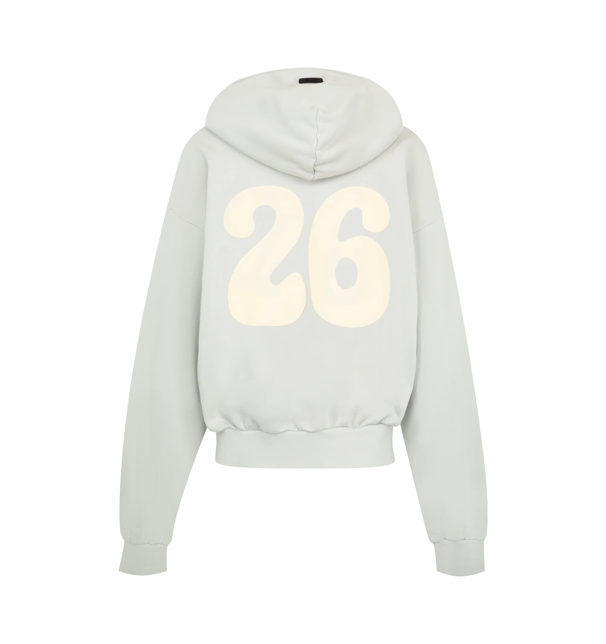 Image 2 of 2 - GREY - Fear of God Essentials Womens 90s Full Zip Hoodie is crafted from heavyweight 390 GSM cotton fleece with a pigment-dyed finish. Features a relaxed cropped fit, full-zip closure, dropped shoulders, rib-knit cuffs and hem, kangaroo pocket, contrasting stitching, puff-printed front graphic, back graphic, and Essentials label at the hood. Main Material: 100% Cotton. Imported 