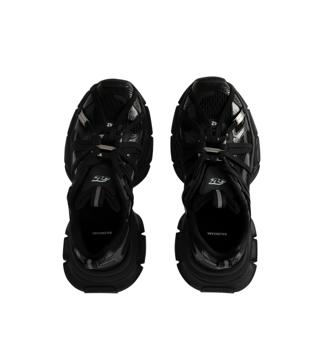 Image 5 of 5 - BLACK - BALENCIAGA 3XL Extreme Laces B Sneaker featuring leather free, slip-on sneaker, polyurethane and polyester, worn-out effect, multiple lace details all around the upper, metallic plate with logo engraved, aged-silver B logo hardware on the upper, Balenciaga logo at the edge of the toe and at back, debossed size on the upper and at the back of the heel, 3XL rubber branding on the tongue with reflective detail and back and tongue pull-on tab with reflective detail. Upper: polyurethane, p