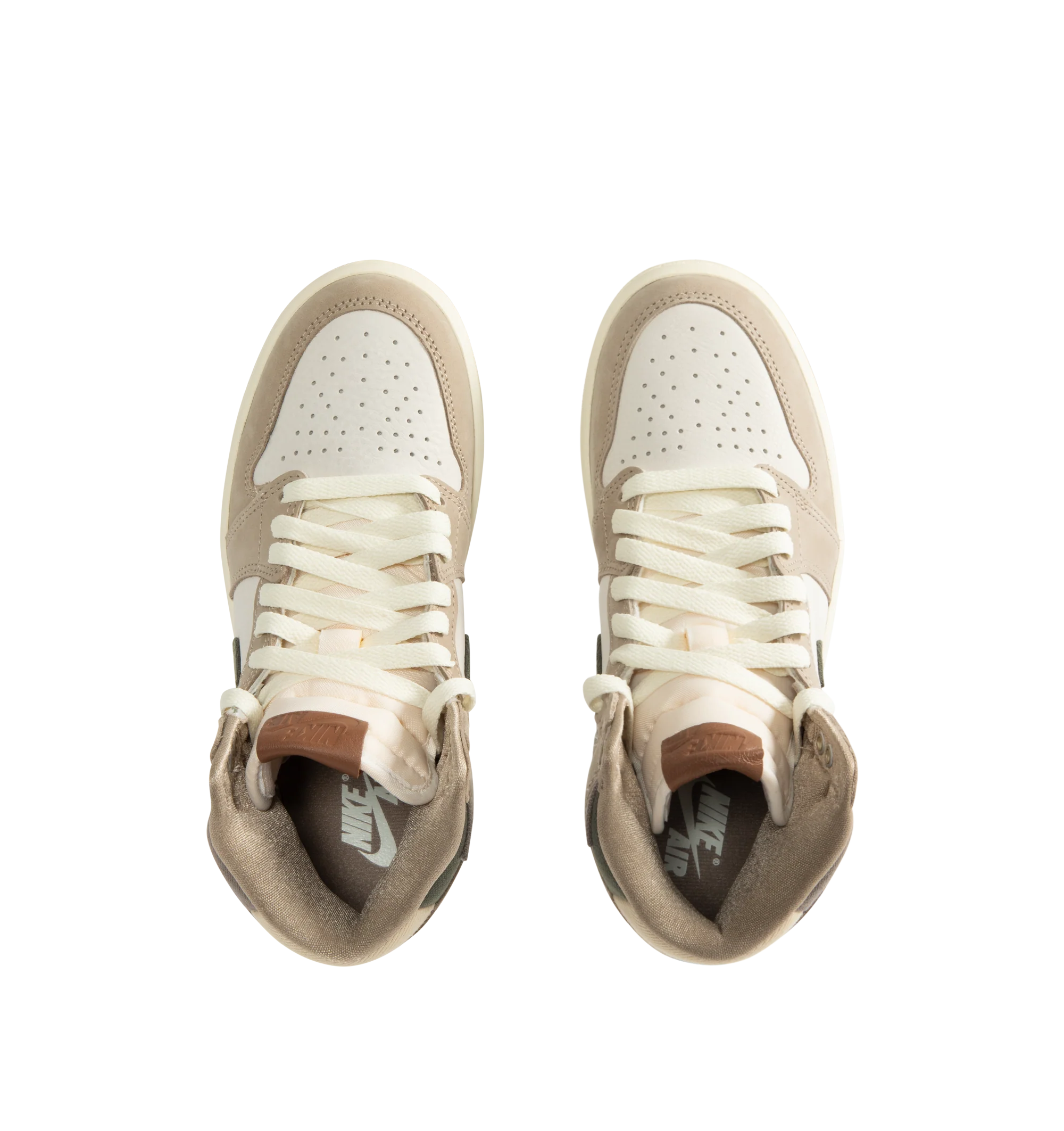 Image 5 of 5 - NEUTRAL - Women's Air Jordan 1 Retro High OG Sneakers feature a premium leather upper with suede overlays, a high-top silhouette, and signature Air Jordan Wings branding for a timeless heritage look. These lifestyle sneakers combine encapsulated Air-Sole cushioning, a perforated toe box, and a durable rubber outsole for lightweight comfort, breathable support, and reliable traction on and off the court. Main Material: Genuine Leather and Suede. Midsole: Encapsulated Air-Sole Unit. Sole: Rubbe