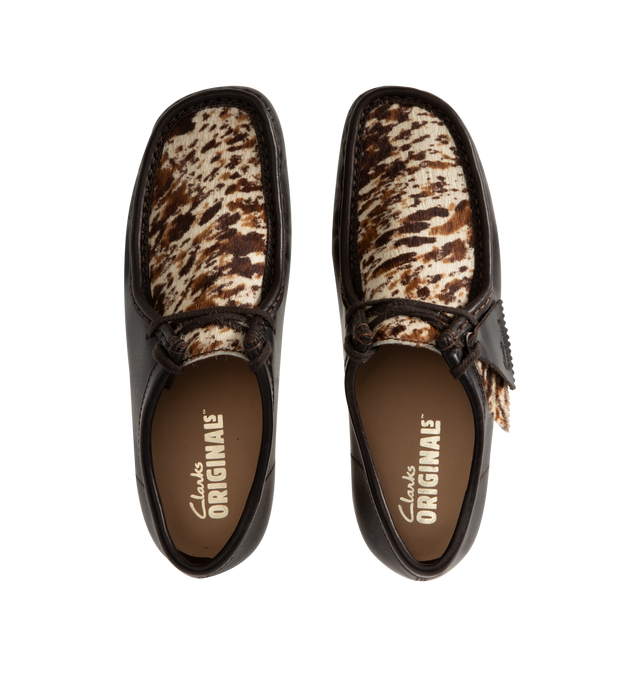 Image 4 of 4 - BROWN - CLARKS Wallabee Shoe featuring moccasin construction, hand stitched apron seam, leather side quarters with hair on speckled vamp, flat tonal lace, wo FOBS  Clarks Originals and Wallabee and natural pebble crepe sole. 