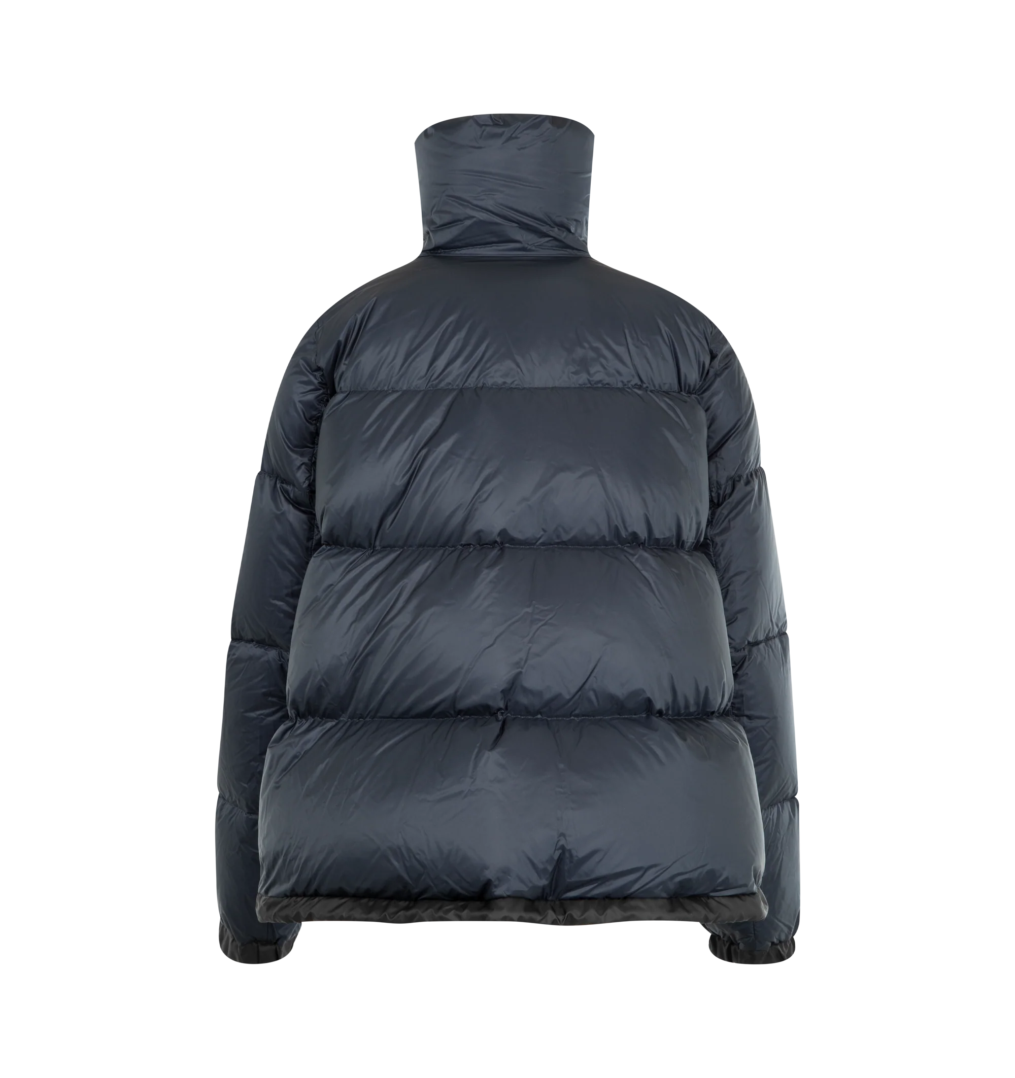 Image 2 of 3 - NAVY - SACAI Short Puffer Jacket featuring quilted nylon, stand collar, zip front closure, welt pockets and drawstring waist and hem. Nylon; polyester combo. Fill, down/feather.