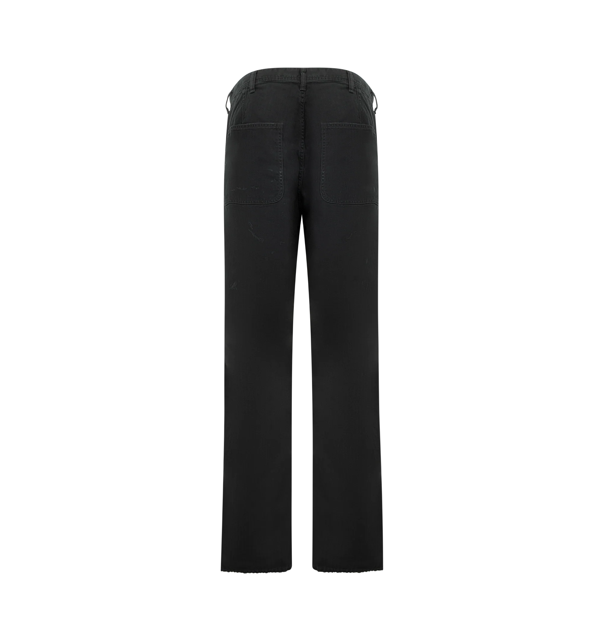 Image 2 of 3 - BLACK - FULLCOUNT USN Herringbone Seamen's Trousers VE featuring ozone fading and painted stains, belt loops at waist, 4 pocket style and relaxed fit. 100% cotton. Made in Japan.  
