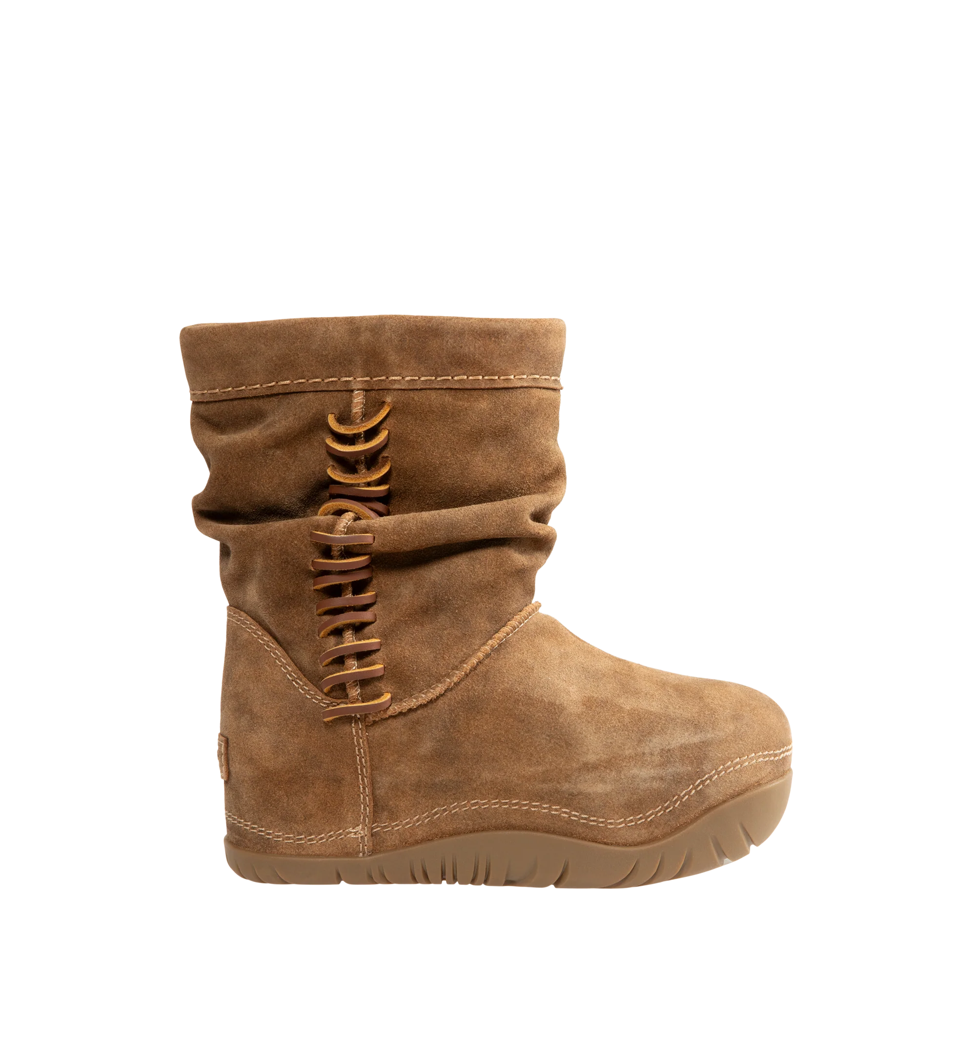 Image 1 of 4 - BROWN - UGG women's Bucked boot with a soft suede upper with an elevated, worn-in feel and a leather whipstitch detail, signature sheepskin lining and cushy rubber platform. Features sugarcane EVA midsole, molded rubber outsole and UGG Logo, heat-embossed.