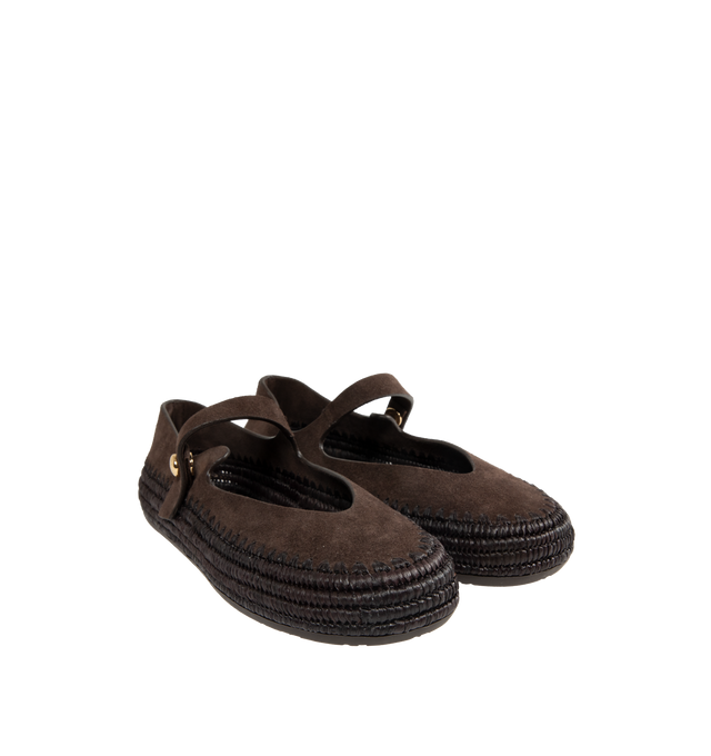 Image 2 of 4 - BROWN - LOEWE PAULA'S IBIZA Rio Mary-Jane in suede and raffia featuring handcrafted raffia embroidery, rounded toe-shape, metallic pebble with an Anagram engraved detail placed on the ankle strap, button snap fastening closure, engraved Anagram on pebble, padded leather insole and anagram embossed rubber outsole. Suede/raffia. Made in Spain.