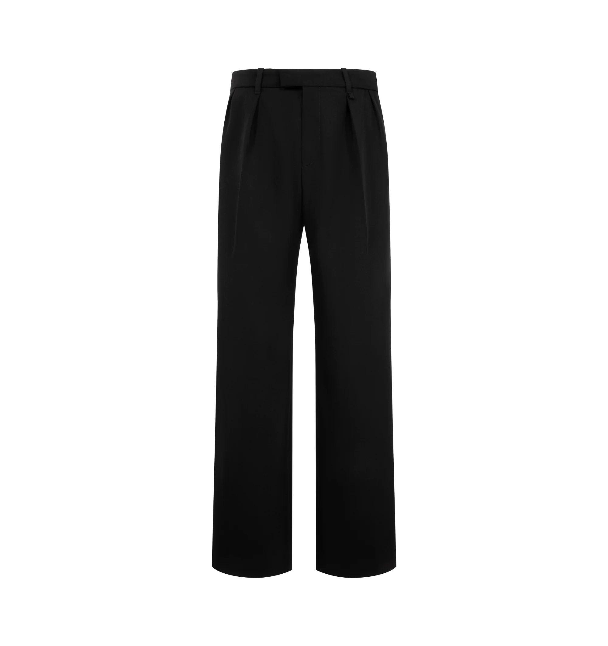 Image 1 of 3 - BLACK - The Willy Chavarria Men's Vestimenta Pleated Trouser is cut in a tailored, wide-leg silhouette with double knife pleats at the front for a defined shape. Crafted from 100% virgin wool, it features in-seam pockets and welt pockets at the back. Finished with a key loop and a signature W at the center back.