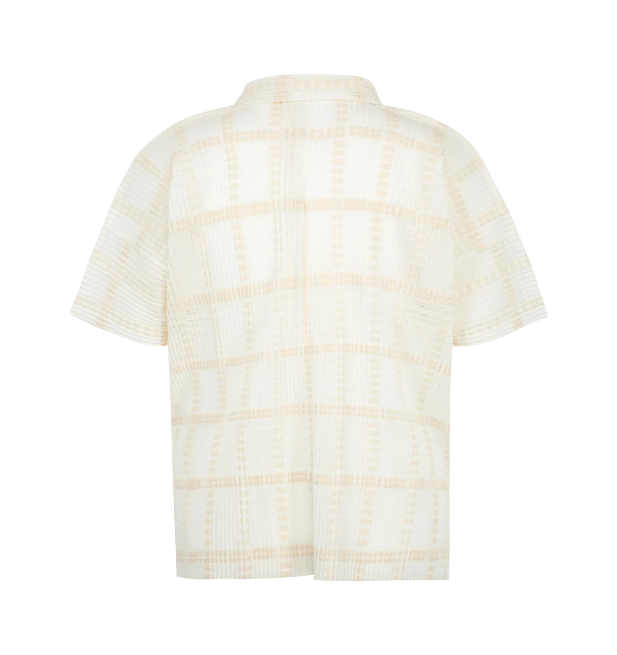 Image 2 of 2 - WHITE - Issey Miyake Men's Lace Grid Pleats Shirt is crafted from a lace-like cotton-blend polyester fabric and features an expressive pleated texture with a sheer, three-dimensional finish ideal for layered styling. Designed with an open collar, button-front closure, and side slits for ease of movement. Main Material: 75% Polyester, 25% Cotton. Collar: Open Collar. Closure: Button Front. Details: Side Slits.  