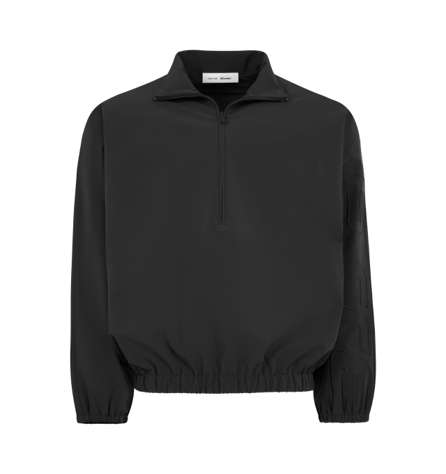 Image 1 of 3 - BLACK - FEAR OF GOD ESSENTIALS Active Trace Half Zip Track Jacket featuring perforated lining for breathability, detailed with an embroidered Essentials active trace logo on the sleeves, relaxed, rounded silhouette, high neck, half-zip front, elasticized cuffs and waist hem and Essentials signature label is at the back collar. 100% polyester.