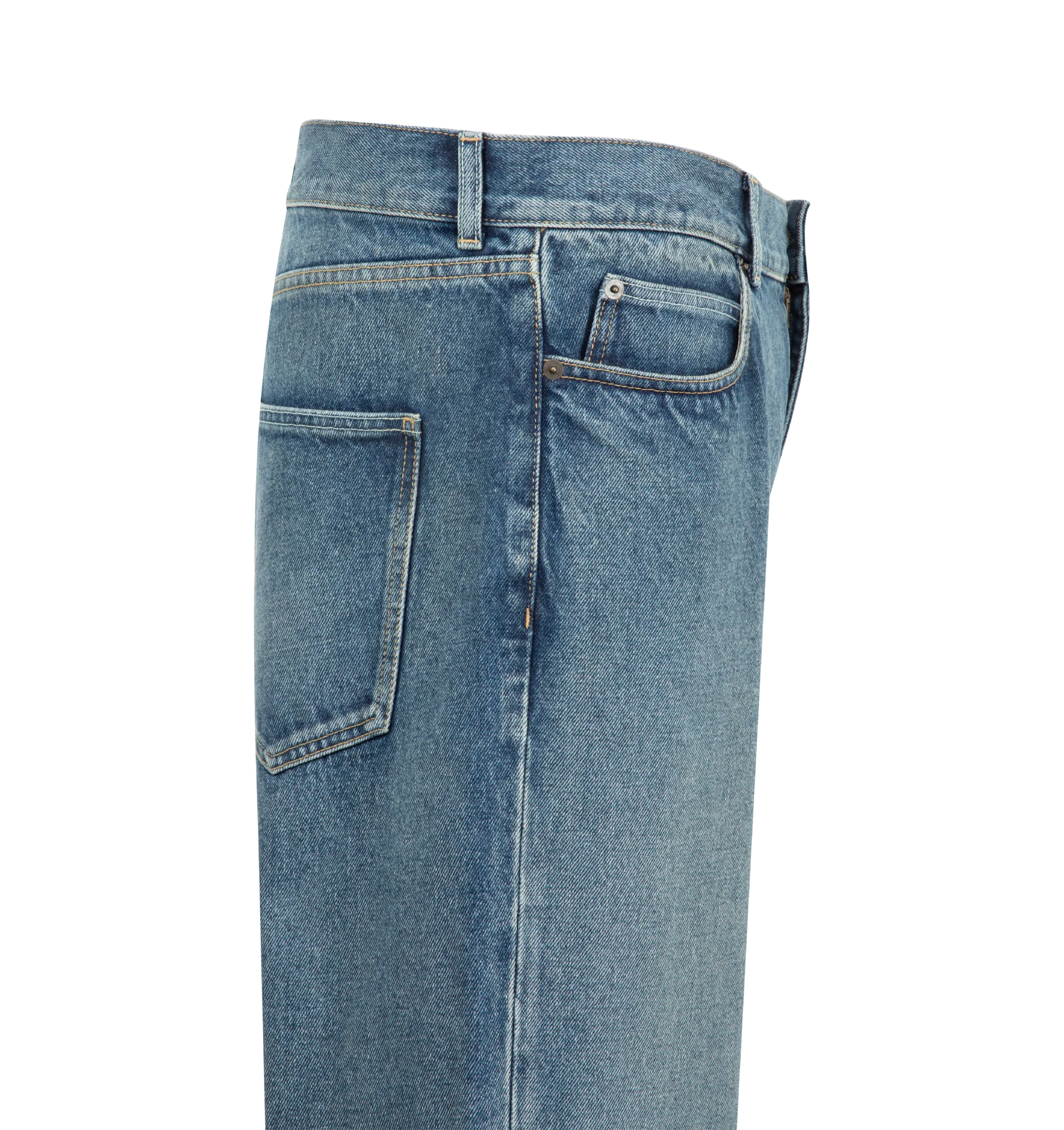 Image 3 of 3 - BLUE - The Row Men's Vanya Jeans are crafted from cotton denim and feature a mid-rise silhouette with a wide leg, contrast topstitching, and classic five-pocket construction. The denim undergoes a brushed treatment to create a naturally aged appearance, followed by a light indigo overdye that enhances tonal variation and adds richness to the color. Main Material: 100% Cotton. Fit: Mid-Rise, Wide Leg. Details: Contrast Topstitching and Five-Pocket Construction. Made in Japan.