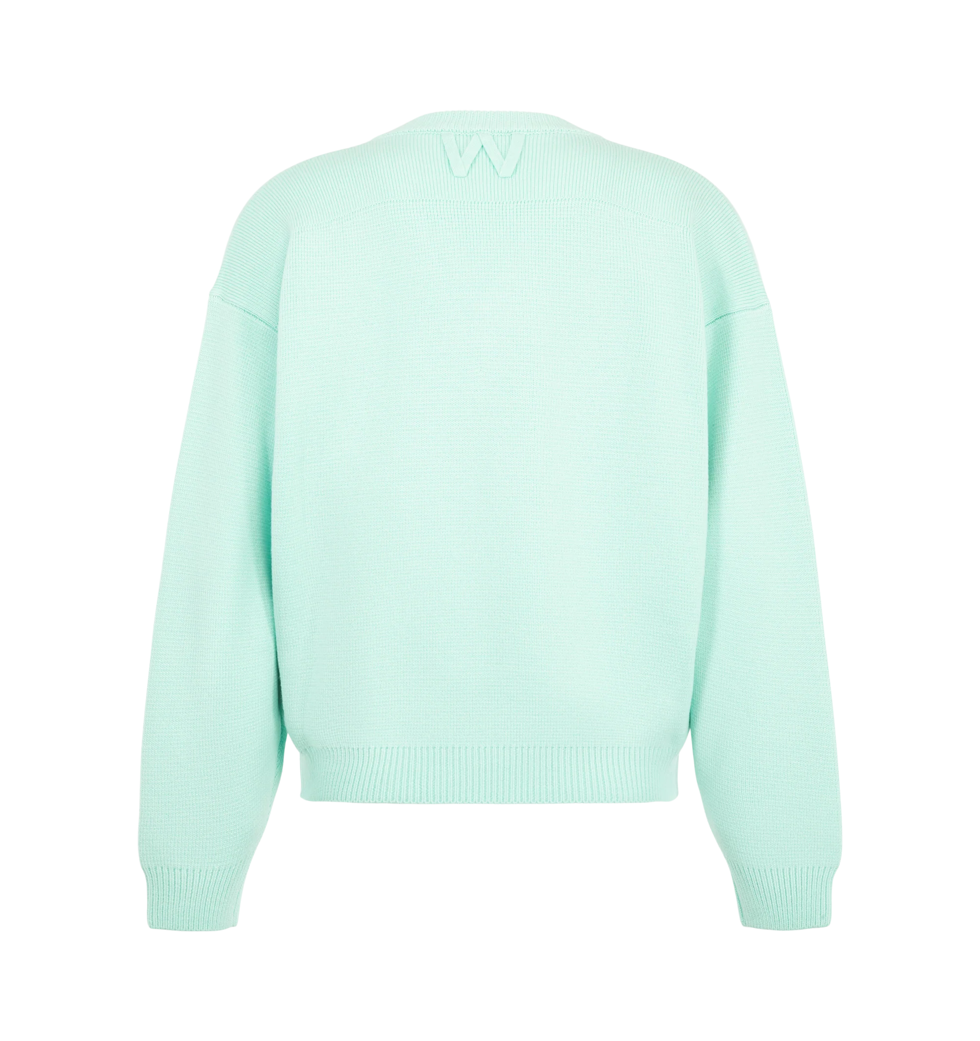 Image 2 of 2 - GREEN - Willy Chavarria V-Neck Sweater is crafted from premium wool and features a relaxed silhouette with dropped shoulders and a classic V-neckline. Designed with ribbed trims and subtle logo embroidery on the front side. Main Material: 100% Wool. Made in Italy.