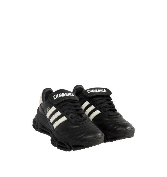 Image 2 of 5 - BLACK - Adidas Mens Chavarria Megaride Copa Sneakers are crafted from premium leather. Features Megaride franchise design, HD screen print sockliner, leather lining, and rubber outsole. Upper: Premium Leather; Sockliner: HD Screen Print; Lining: Leather; Outsole: Rubber. Made in Vietnam. 