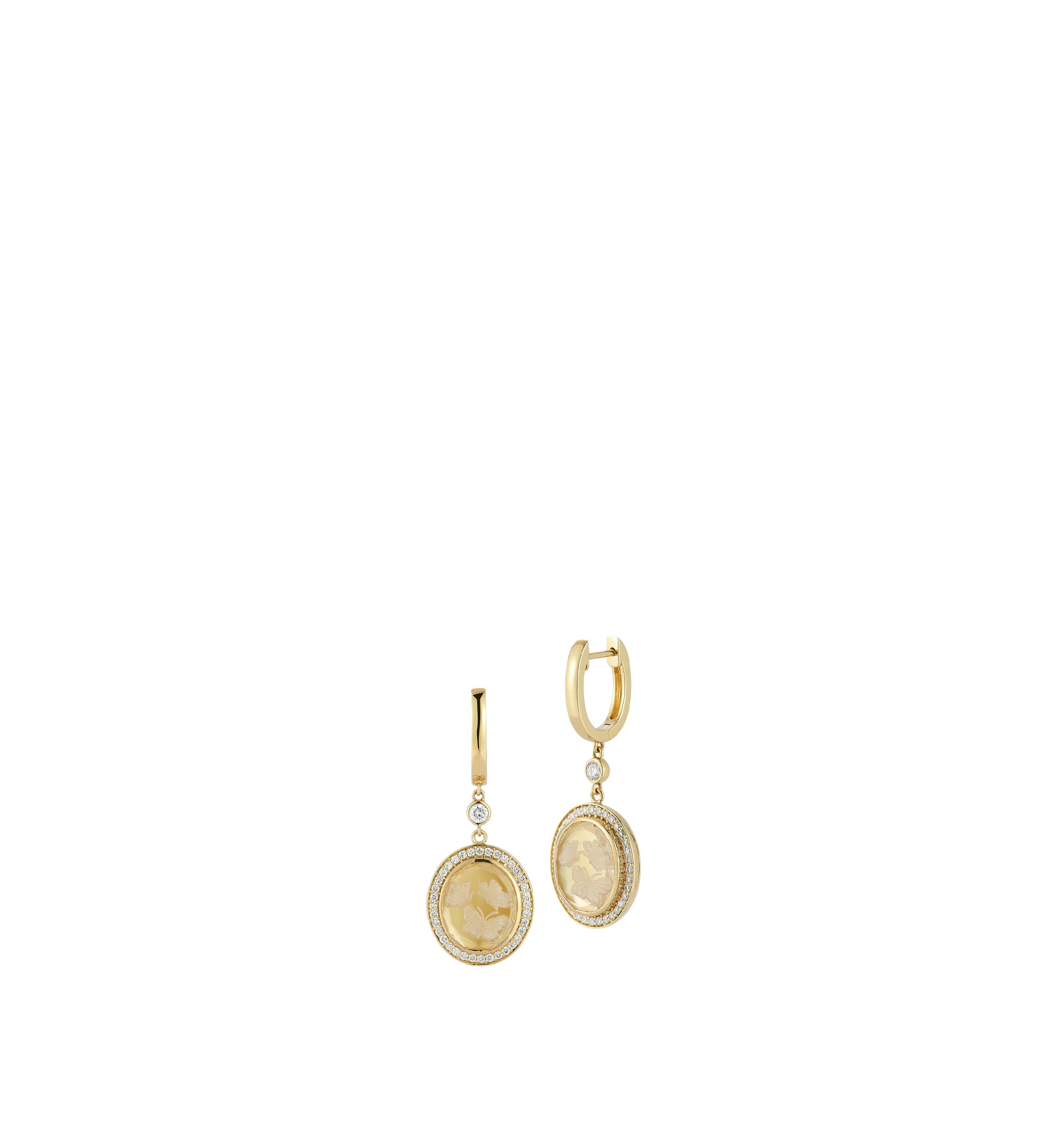 Image 2 of 2 - GOLD - Renna Women's Butterfly Caspian Earrings are crafted in 18K gold and feature faceted rock crystal backed with iridescent yellow mother-of-pearl, hand-carved butterfly detailing, and a sparkling diamond halo. These designer fine jewelry earrings combine exceptional craftsmanship with luminous elegance, finished with secure click closures for comfortable everyday wear. Main Material: 18K Gold. Gemstones: Yellow Mother-of-Pearl, Faceted Rock Crystal, Approximately 0.58 TCW Diamonds.For pe