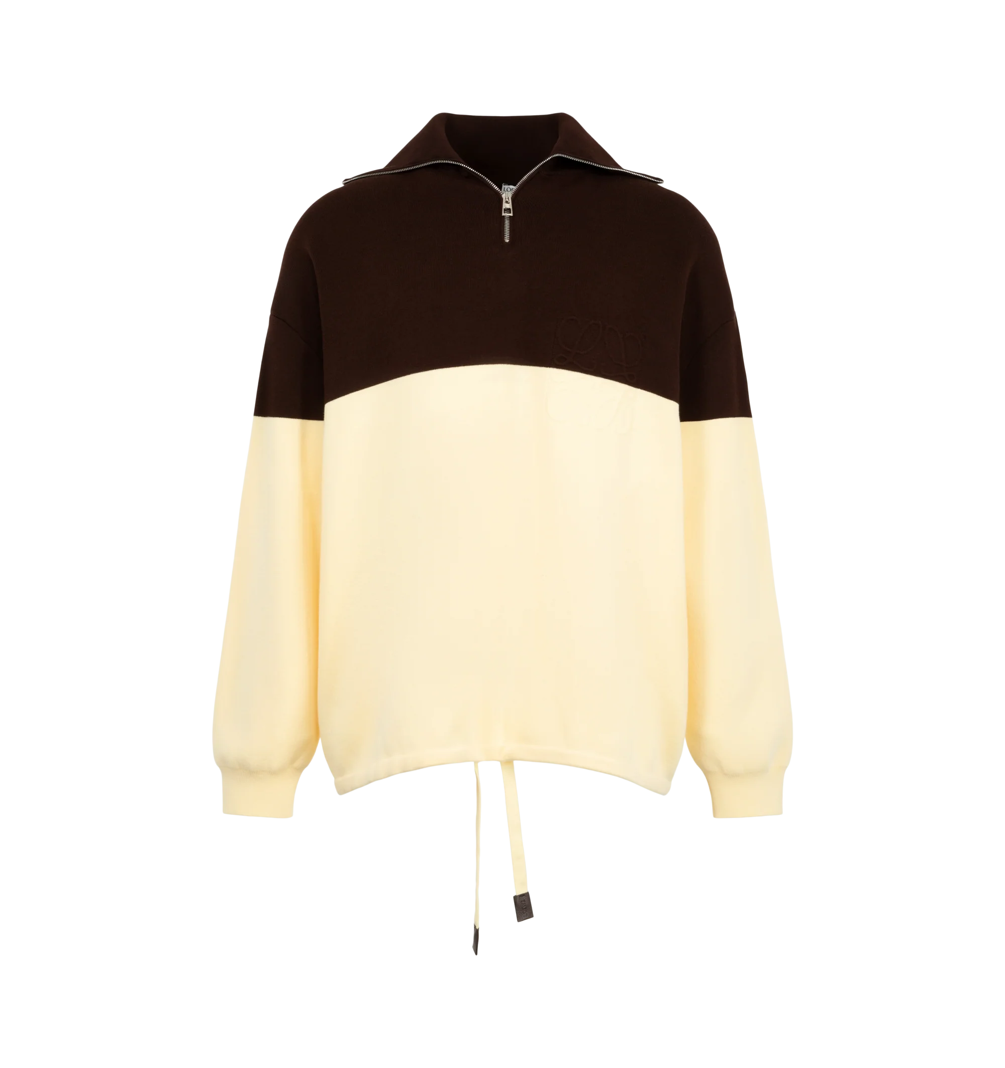 Image 1 of 2 - MULTI - Loewe Men's Sweater in Cotton Blend is crafted from a medium-weight compact double-face cotton blend and features a relaxed-fit silhouette with a regular length. Designed with a half zip-up collar, double-face stitch construction, ribbed cuffs, an elasticated drawstring hem with leather end cords, and a 3D Anagram logo at the chest. Main Material: Cotton Blend. Made in Italy.
