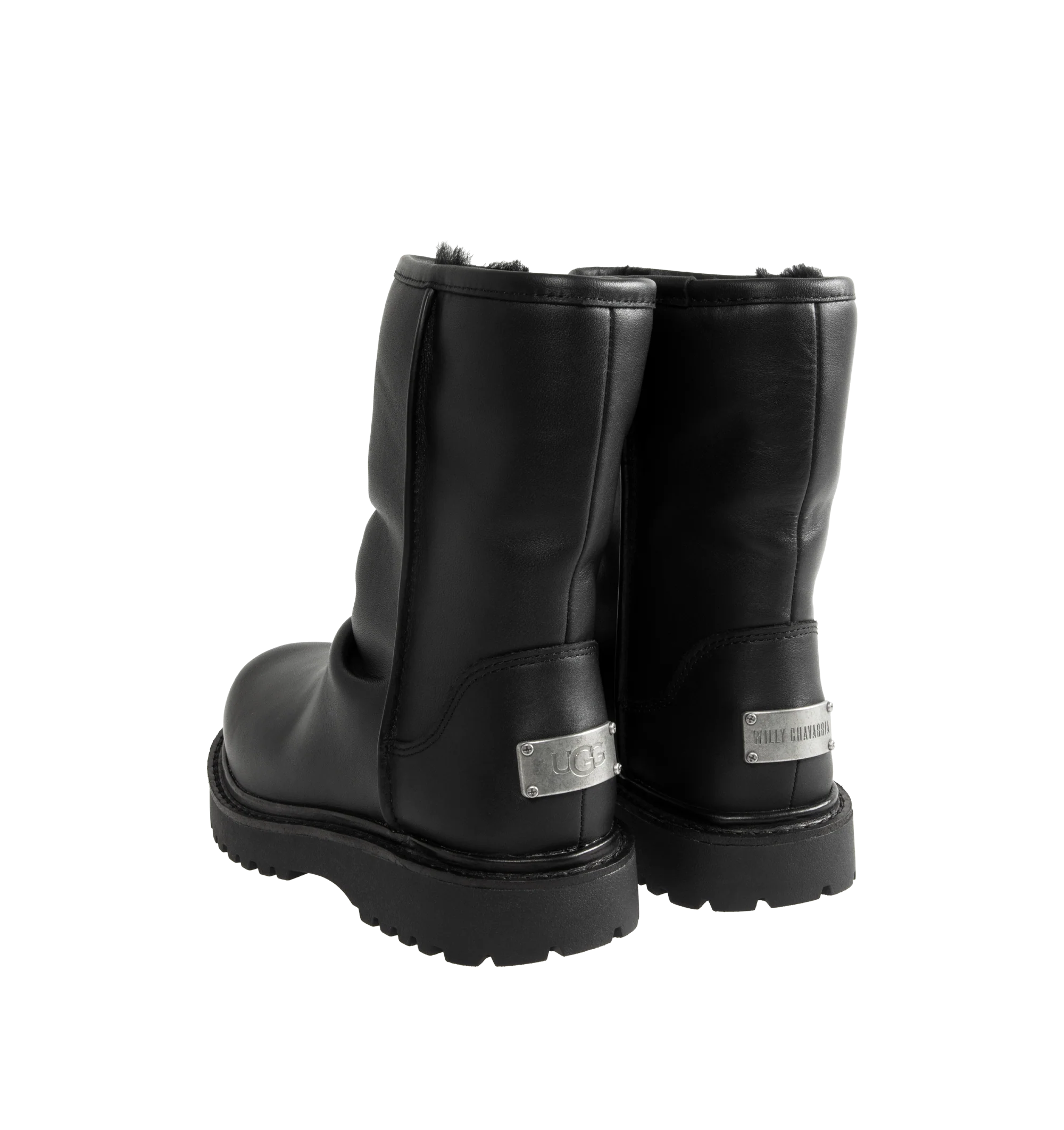 Image 3 of 4 - BLACK - UGG x Willy Chavarria Relaxed Boot is crafted from leather and features a mid-calf silhouette inspired by classic motorcycle boots. Designed as a slouchier interpretation of the biker boot, it is detailed with custom chrome logo hardware, a draped black leather upper, and a soft sheepskin-lined interior that combines rugged styling with signature comfort. Main Material: Leather. Lining: Sheepskin. Unisex style in men's sizes.
