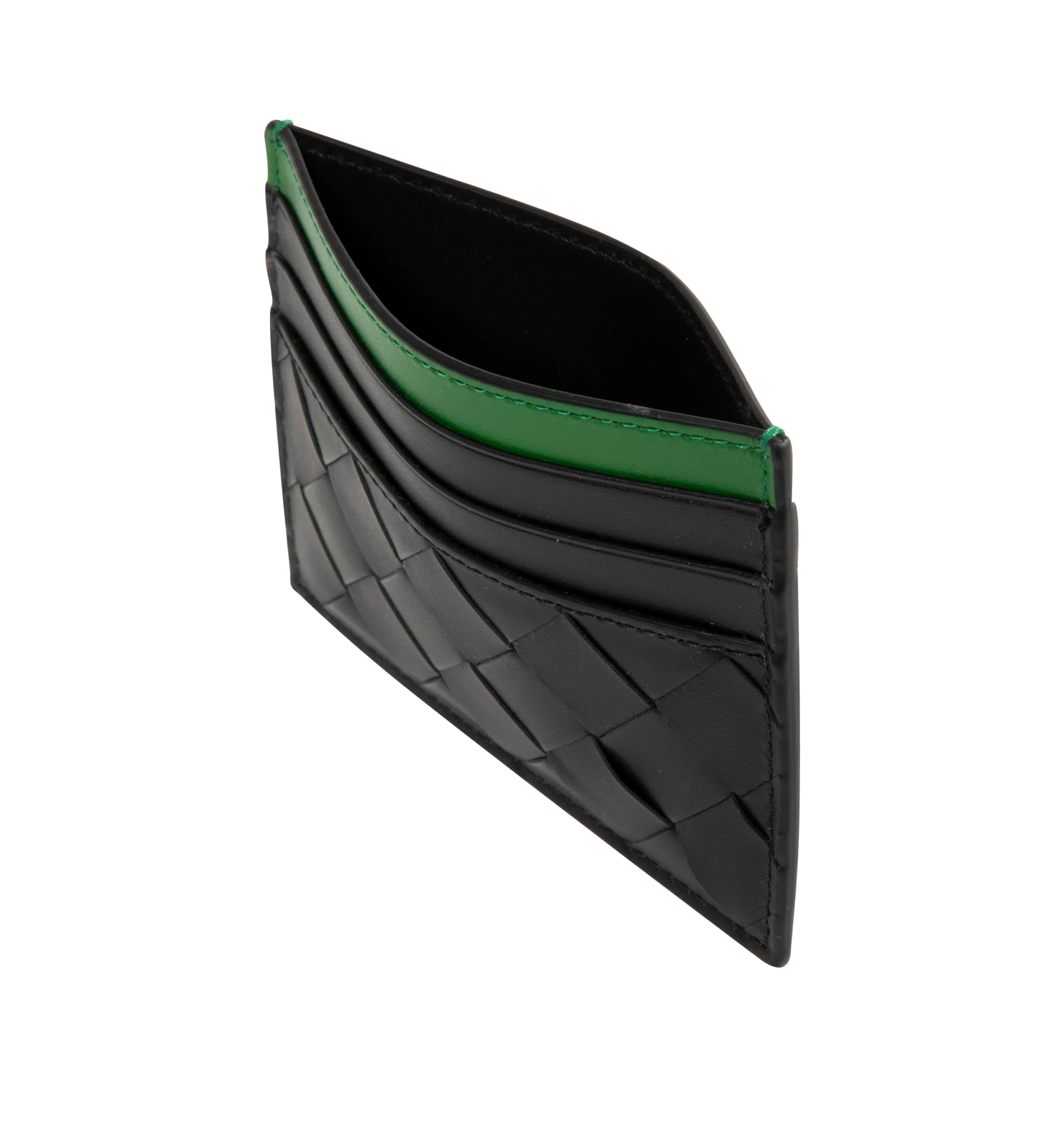 Image 3 of 3 - BLACK - Bottega Veneta Intrecciato Credit Card Case featuring intrecciato two-tone calfskin leather card case with six card slots and one central pocket. Calfskin. Made in Italy.