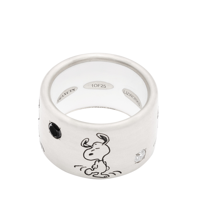 Image 2 of 3 - SILVER - LIZWORKS X PEANUTS Jazz Snoopy White Gold Comic Strip Ring Band featuring 18k white gold ring with black and white diamonds and white enamel. 13.5 mm. Cheap Luxury Handbag Shop offers a range of initial pieces from this collection in-store. For personal consultation and detailed information about jewelry, please contact our dedicated stylist team at personalshopping@hirshleifers.com. This item may be restricted for online purchase to international clients. For assistance purchasing this item plea