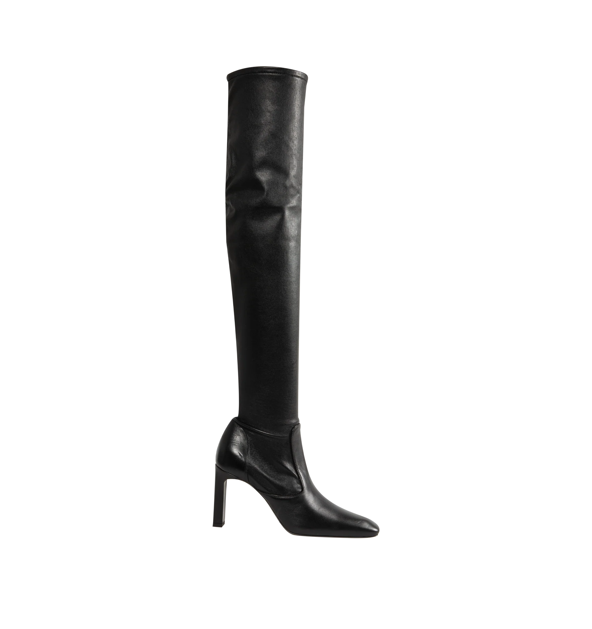 Image 1 of 4 - BLACK - Toteme Women's Nappa Over-the-Knee Boots are crafted from soft stretch Nappa leather and feature a contoured, second-skin silhouette that extends above the knee. Designed with a short side zipper and stretch neoprene lining for a close fit, these designer boots are set on a sculptural bar-shaped, set-back heel and finished with a leather insole and sole. Main Material: 100% Lamb Leather. Lining: 100% Sheep Leather. Sole: 100% Cow Leather. Heel Height: 85 mm / 3.3 in. Closure: Side Zip