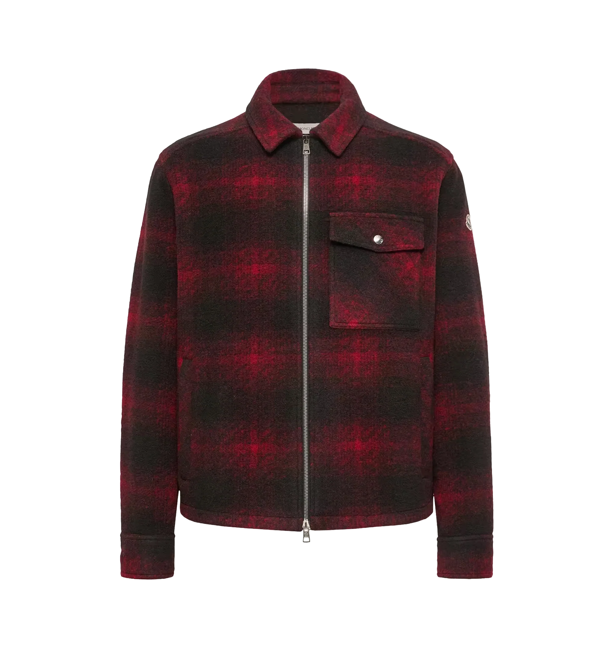 Image 1 of 1 - RED - Moncler Men's Plaid Jersey Zip-Up Shirt is crafted from a polyester, wool, and acrylic blend jersey with a check-knit pattern that echoes the structured look and feel of traditional felt. Designed as a versatile layering piece, this designer shirt features a classic collar, zip-front closure, snap-button side pockets, a snap-button chest pocket, adjustable cuffs, and a signature Moncler logo patch. Exterior: 82% Polyester, 13% Wool, 5% Acrylic. Closure: Zipper. Pockets: Snap-Button Side
