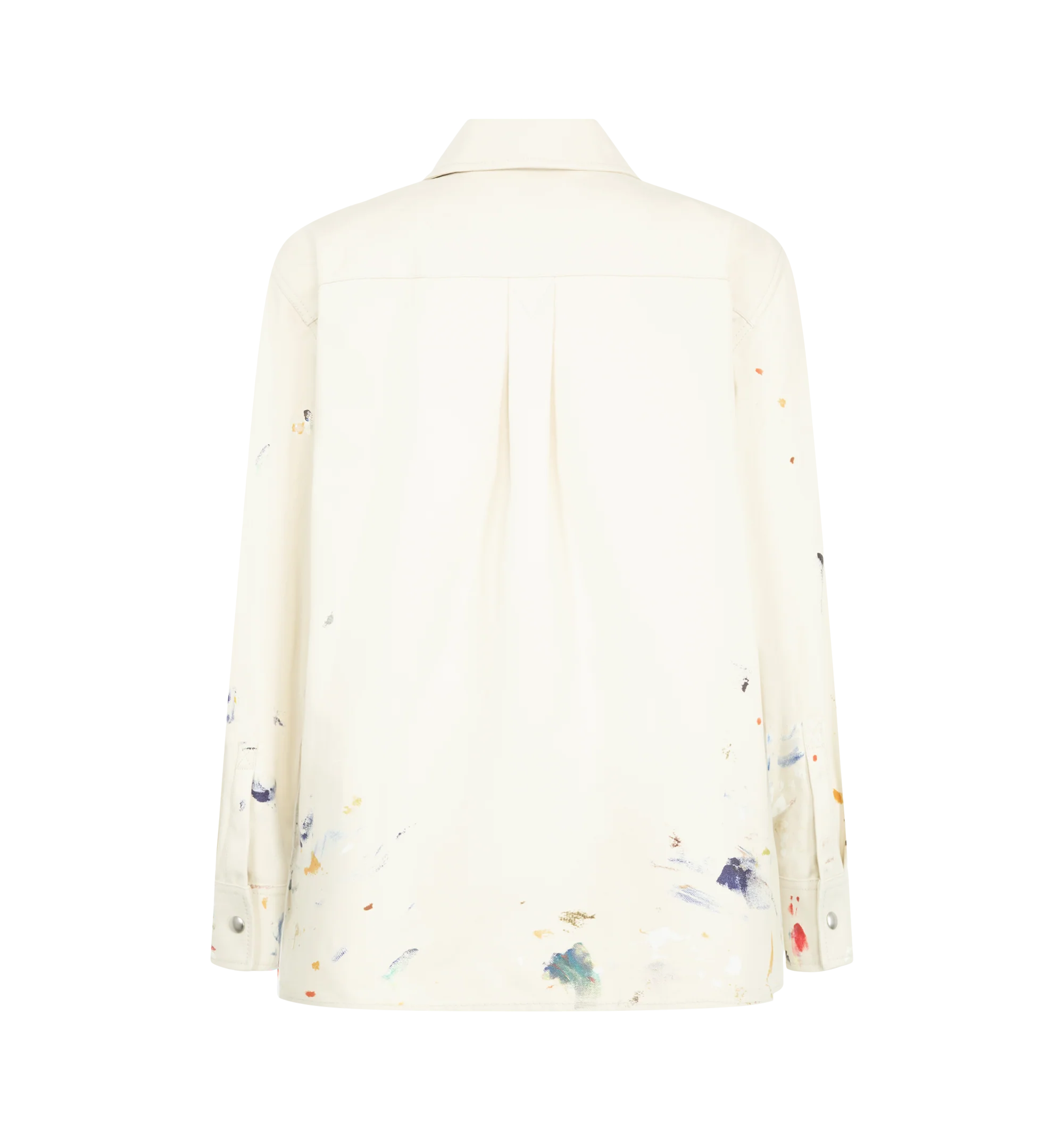 Image 2 of 3 - NEUTRAL - Bottega Veneta Men's Paint Splatter Shirt Jacket is crafted from 100% cotton canvas material and features an allover paint splatter motif inspired by an artists studio aesthetic. Designed with a point collar, front zip closure, long sleeves, and flap chest pockets. Main Material: 100% Cotton. Closure: Front Zip. Collar: Point Collar. Pockets: Front Flap Pockets. Made in Italy.