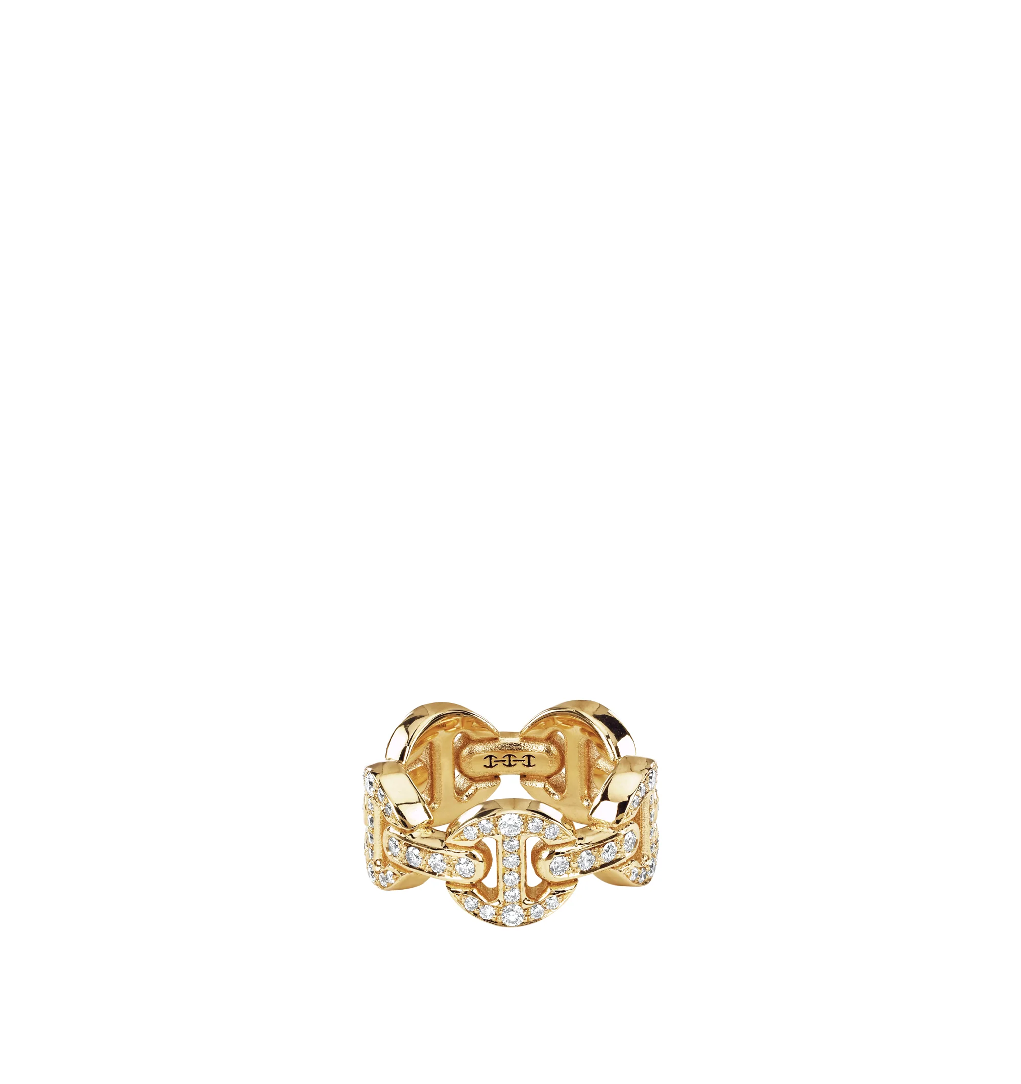 Image 2 of 2 - GOLD - Hoorsenbuhs Dame Classic Tri-Link Antiquated Ring is crafted from 18K yellow gold and features the brands iconic tri-link band in delicate proportions with full pav white diamonds. Band Width: 5.4 mm. For personal consultation and detailed information about jewelry, please contact our dedicated stylist team at personalshopping@hirshleifers.com.This item may be restricted for online purchase to international clients. For assistance purchasing this item please contact our dedicated styli