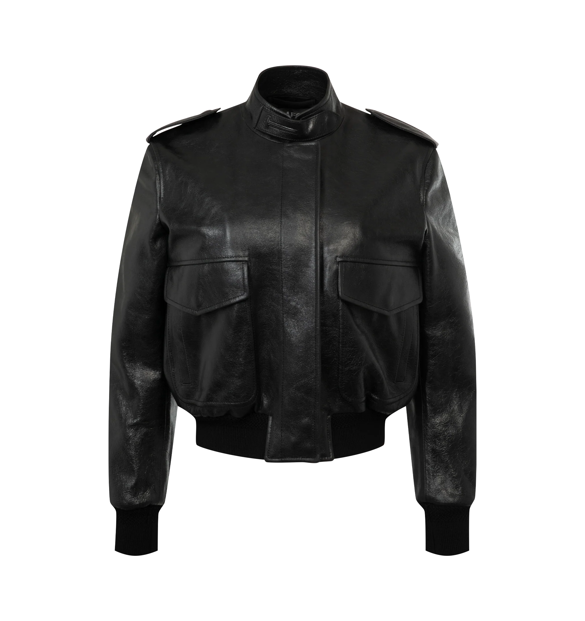 Image 1 of 2 - BLACK - Tom Ford Women's Leather Aviator Jacket is crafted from natural grain lamb leather and features a stand collar with an embossed T-detailed extension, front button closure, front patch pockets, and wool knit cuffs and hem. This designer leather aviator jacket combines a timeless silhouette with refined utility-inspired details for elevated everyday wear. Main Material: 100% Lamb Leather. Lining: 100% Viscose; Details: 100% Cotton. Made in Italy.