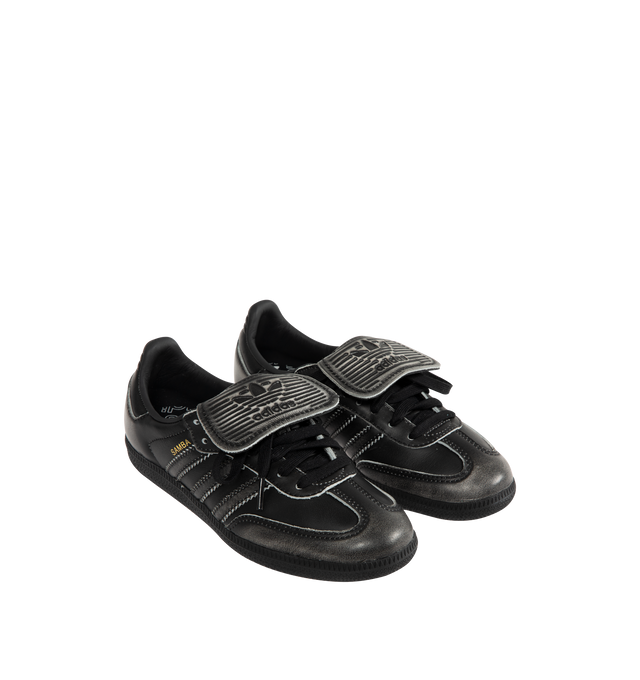 Image 2 of 5 - BLACK - ADIDAS Samba Long Tongue Sneaker featuring a smooth leather upper that reveals a distressed look, elongated tongue, regular fit, lace closure, leather upper, synthetic lining and rubber outsole.