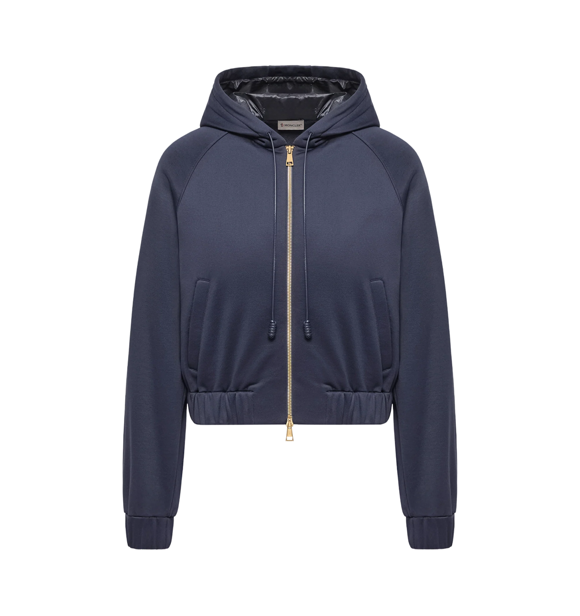 Image 1 of 1 - BLUE - Moncler Womens Technical Fleece Zip-Up Cardigan is crafted from technical fleece and features a relaxed silhouette, fixed hood with Longue Saison lining, zip-front closure, front pockets, and a signature logo patch. This designer zip-up cardigan combines soft fleece construction with lightweight performance detailing for comfortable everyday layering. Main Material: 55% Polyamide, 42% Cotton, 3% Elastane; Hood Lining: 100% Polyamide. Made in Italy.