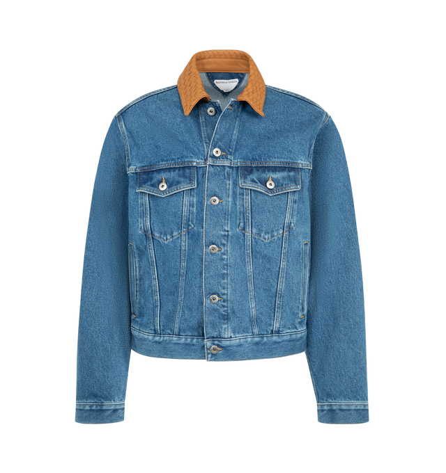 Image 1 of 3 - BLUE - BOTTEGA VENETA Medium Indigo Denim Jacket featuring intrecciato leather collar, embossed Intrecciato leather patch and regular fit. 100% cotton. Made in Italy.