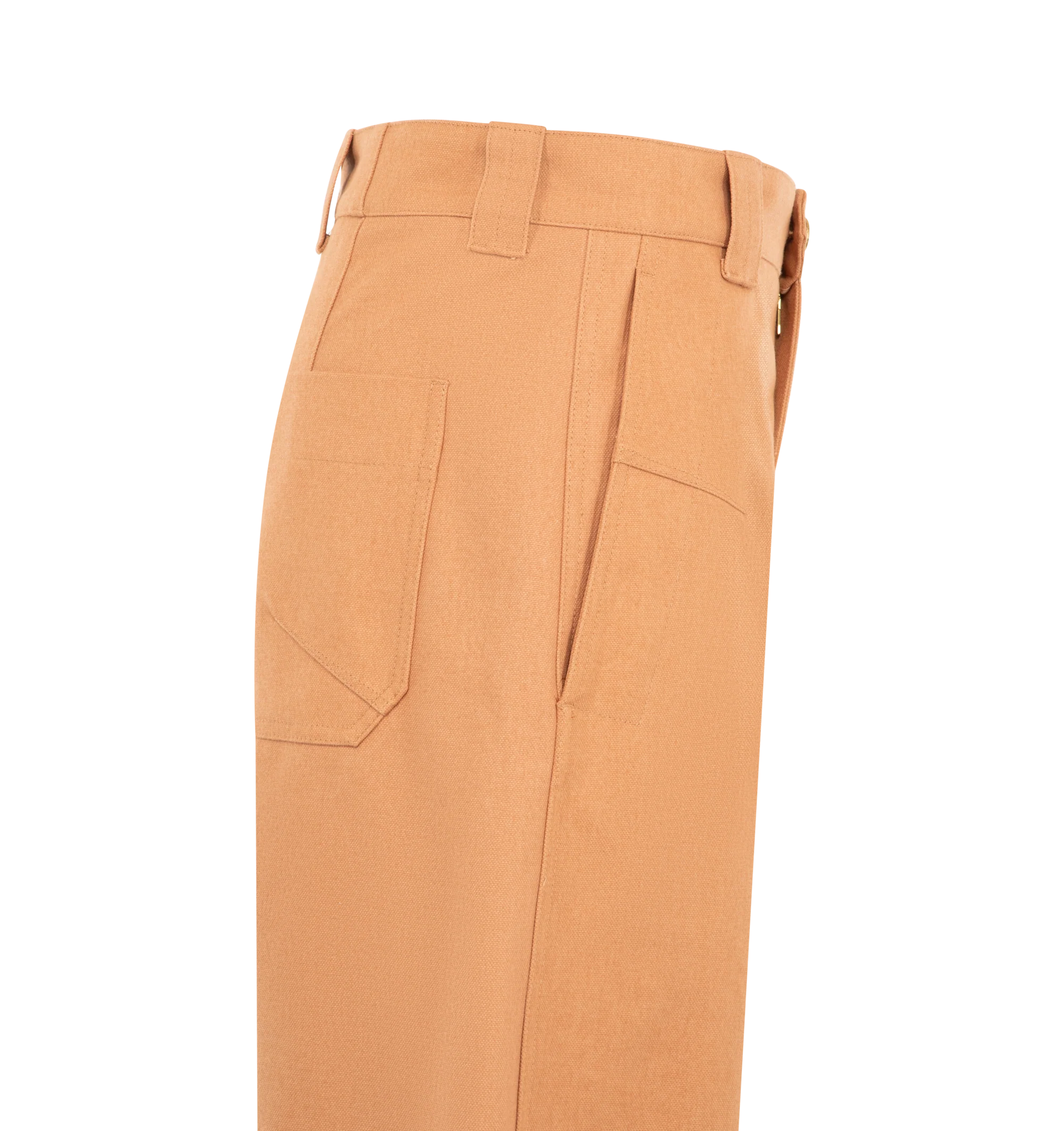 Image 3 of 3 - ORANGE - Chlo Womens Barrel Pants are crafted from organic cotton canvas. Feature a relaxed wide-leg barrel silhouette, front zip closure with Horse Medal button, water buffalo horn back button, belt loops, side pockets, and back pockets. Main Material: 100% Organic Cotton; Pocket Lining: 100% Cotton; Back Button: 100% Water Buffalo Horn. Made in Italy.