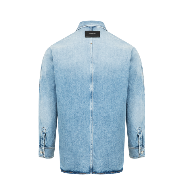 Image 2 of 2 - BLUE - GIVENCHY Denim Overshirt featuring long-sleeved shirt in washed denim, classic collar, GIVENCHY suede leather patch on the upper back, GIVENCHY engraved buttons, button closure, buttoned cuffs, one chest pocket and relaxed fit. 100% cotton. Made in Italy.
