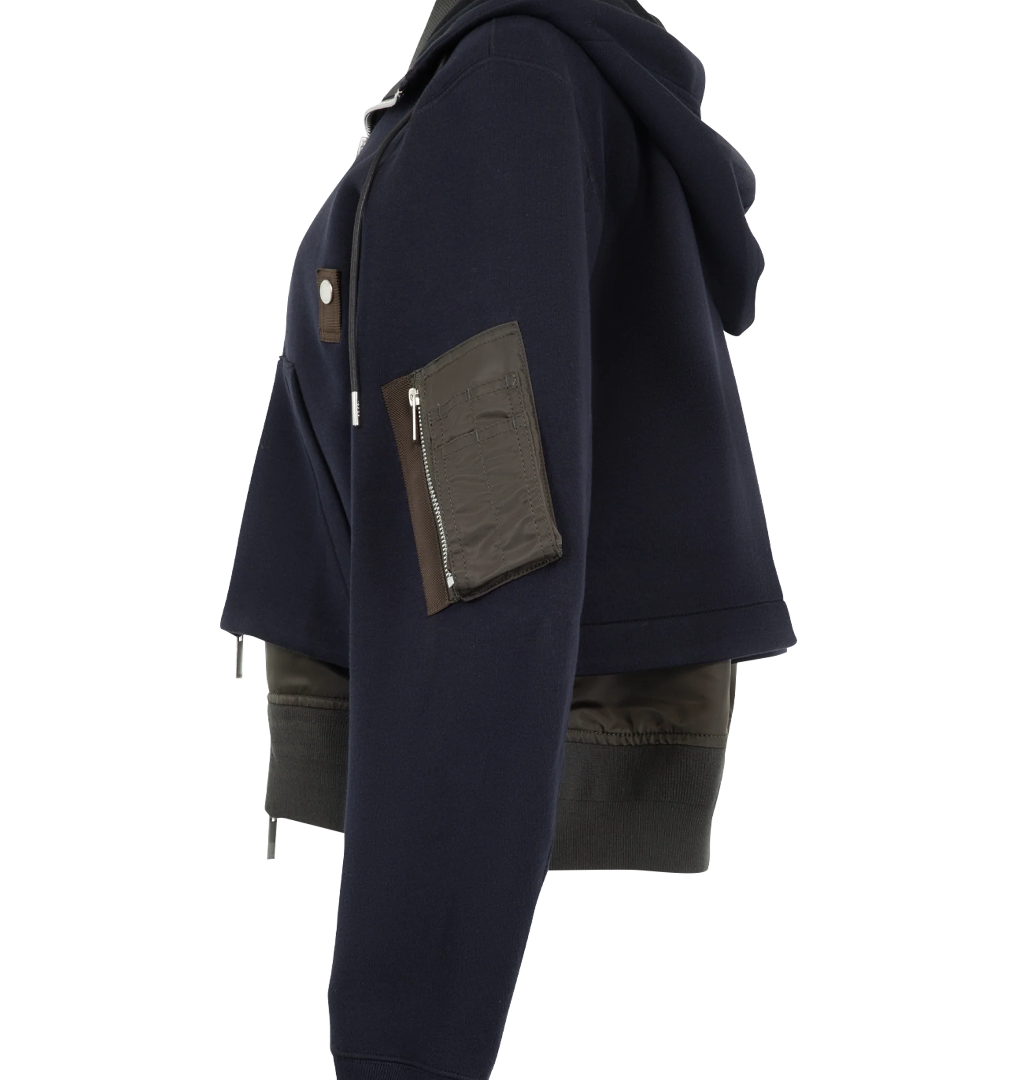 Image 3 of 4 - NAVY - Sacai sponge sweat hoodie with signature layered construction, double collar, zip-front closure, drawstring hood and rib-knit stand collar. Outer material is 62% cotton / 38% polyester with 100% nylon twill panels and 100% polyester lining and filling.