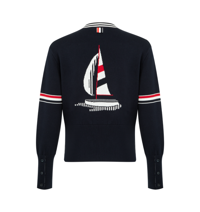 Image 2 of 3 - NAVY - THOM BROWNE Jacquard Sailboat Cardigan featuring V-neckline with striped trim, front button closure, welt hand pockets with ribbed trim, RWB intarsia armbands, ribbed buttoned cuffs and side vents with internal RWB grosgrain trim, ribbed hem, sailboat intarsia on back and signature striped grosgrain loop tab. 100% cotton. Made in Italy. 