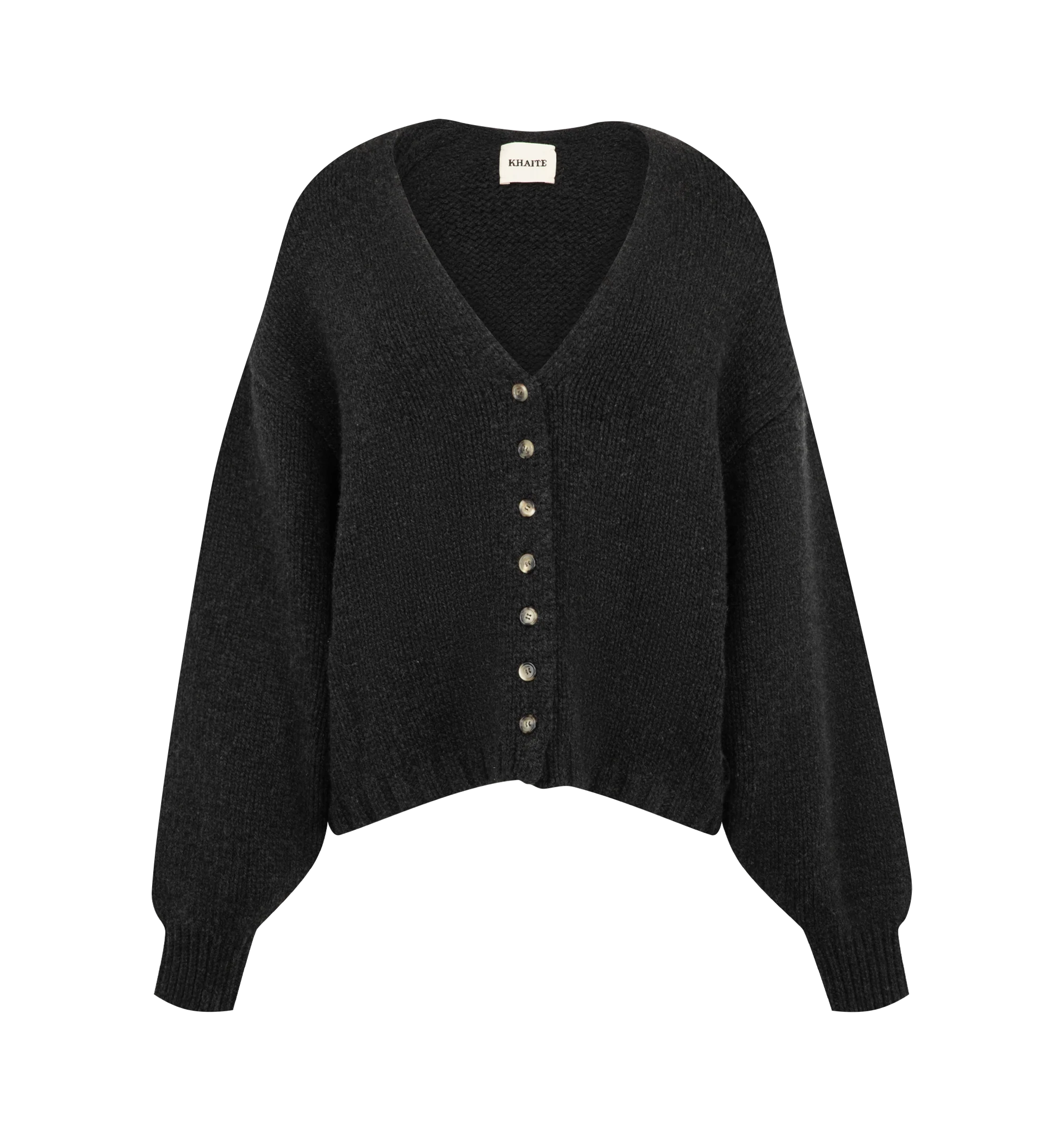 Image 1 of 2 - BLACK - Khaite Womens Axel Cardigan is crafted from dense heritage cashmere. Features a slightly cropped silhouette, deep V-neckline, button-front closure, long sleeves, and ribbed trims. Main Material: 100% Cashmere. Made in Mongolia. 