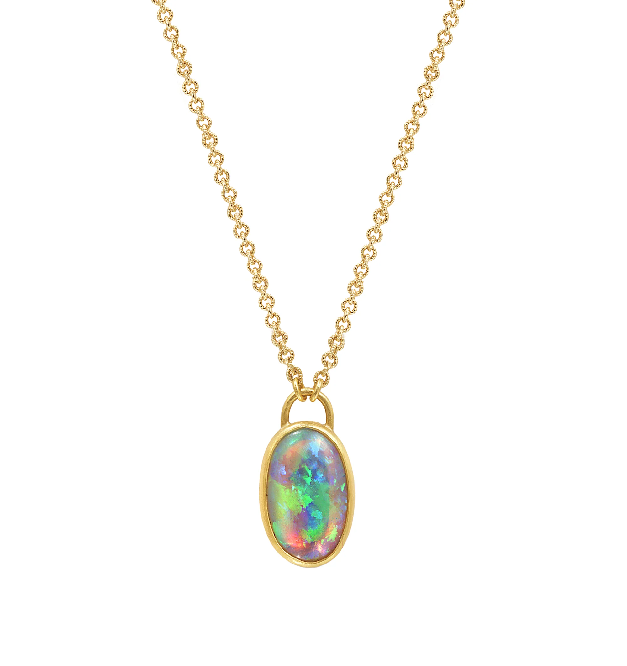 Image 1 of 1 - GOLD - Eli Halili Crystal Opal Necklace is handcrafted with a luminous crystal opal set in solid 22K yellow gold and suspended from a delicate 18K yellow gold chain. Designed and hand forged in New York, this designer fine jewelry necklace showcases Eli Halili's signature blend of ancient-inspired artistry and exceptional craftsmanship, creating an elegant statement piece with timeless appeal. Main Materials: 22K Yellow Gold, 18K Yellow Gold, and Crystal Opal. Gemstone: Approximately 4.96 Car