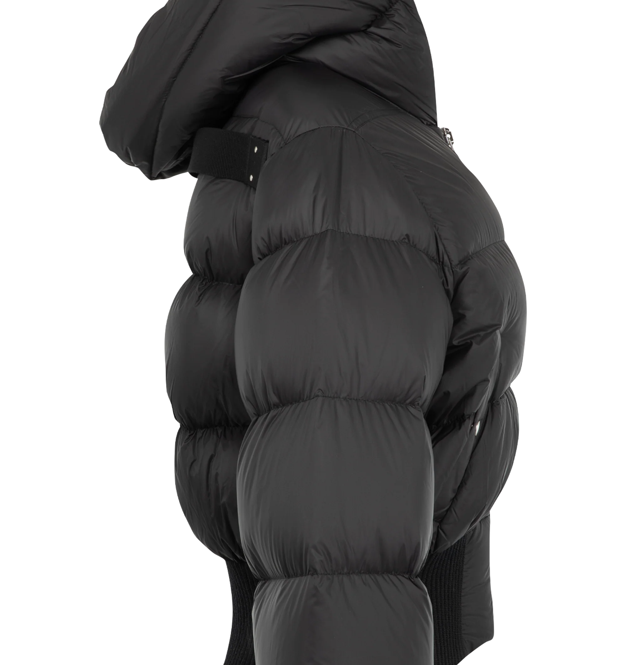 Image 3 of 3 - BLACK - Rick Owens Women's Cinched Hooded Jacket is crafted from lightweight matte nylon and features a waist-length silhouette with a hood and wide ribbed waistband and cuffs. Designed with a center-front zip closure with top snap, snap-closure side pockets, and a signature cotton webbing strap with rivet detailing across the back yoke. Main Material: 100% Polyamide. Rib Knit Trim: 93% Virgin Wool, 5% Nylon, 2% Elastane. Lining: 100% Cupro. Padding: 90% Goose Down, 10% Mallard Feathers. 