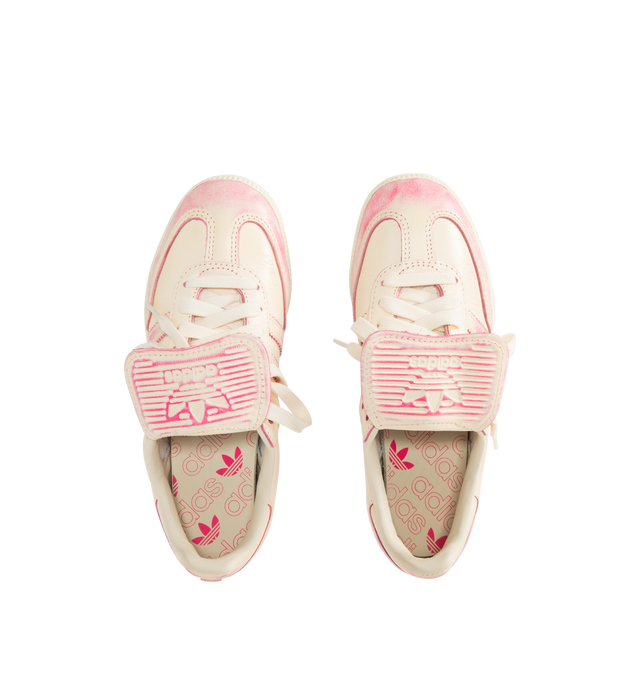 Image 5 of 5 - PINK - ADIDAS Samba Long Tongue Sneaker featuring a smooth leather upper that reveals a distressed look, elongated tongue, regular fit, lace closure, leather upper, synthetic lining and rubber outsole.