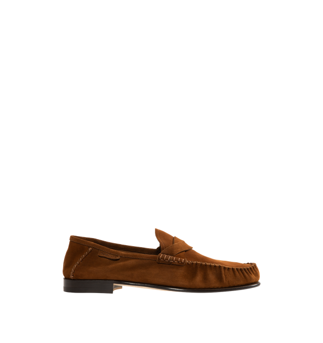 Image 1 of 4 - BROWN - TOM FORD Ripley Suede Twist-Strap Loafers featuring a twisted keeper strap across the vamp, block heel, almond moc toe, notched vamp, slip-on style and leather outsole. Leather. Made in Italy.