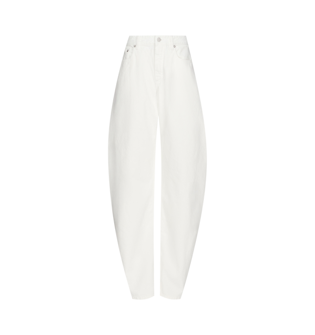 Image 1 of 1 - WHITE - Azzedine Alaia Rodeo Pants in light white denim feature a mid-waist, curved leg, hardware denim buttons, five pockets, signature topstitching dart details at the back and on each back pocket. Material: 100% Cotton. Made in Japan