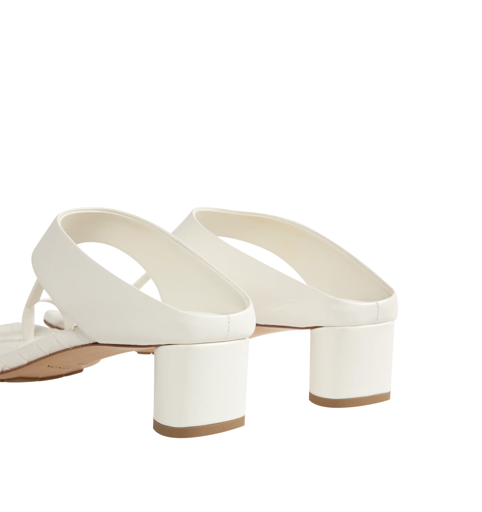 Image 3 of 4 - WHITE - Bottega Veneta Womens Kitten Heel Thong Sandals are crafted from nappa leather. Feature a toe-ring leather strap, Intrecciato leather insole, lambskin lining, kitten heel, and rubber-injected leather outsole. Upper: Nappa Leather; Lining: Lambskin; Outsole: Rubber-Injected Leather. Made in Italy.