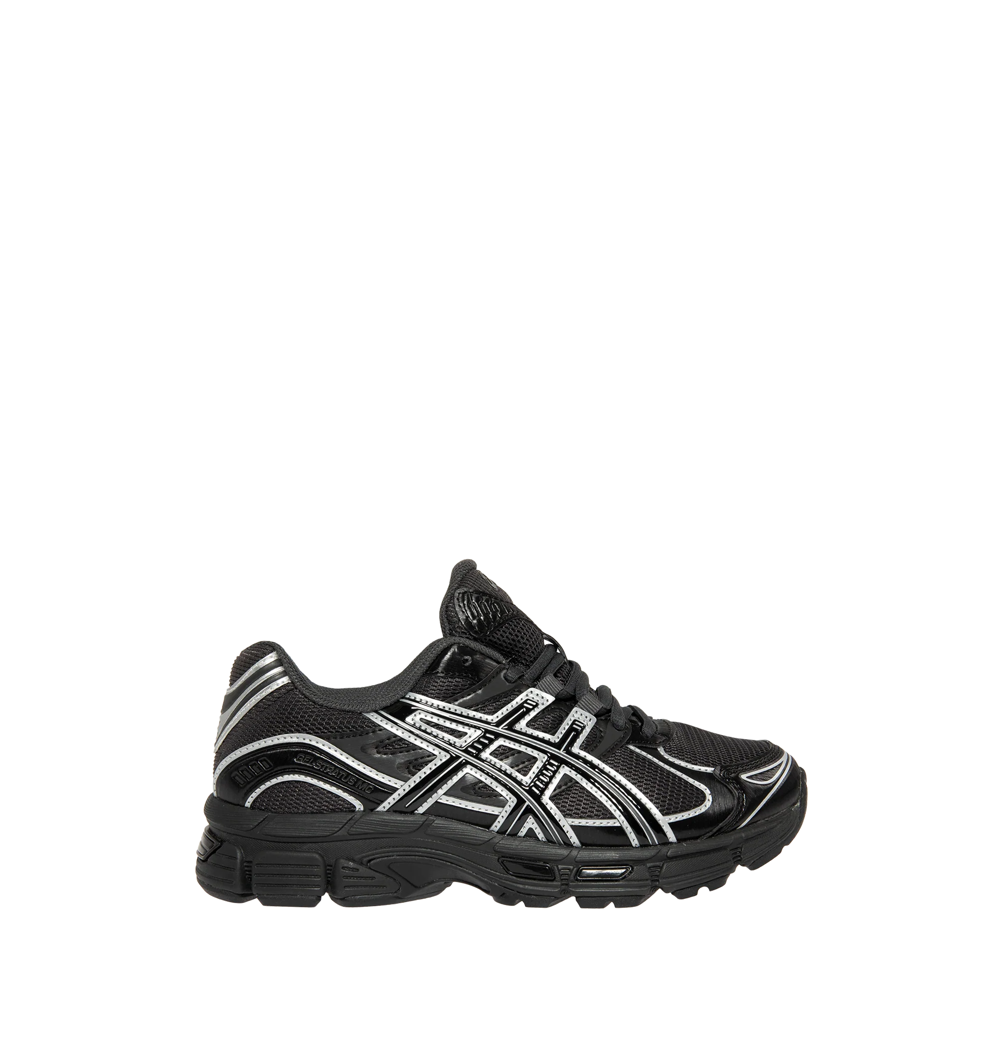 Image 1 of 5 - BLACK - Asics Men's GEL-STRATUS MC Sneakers feature an air mesh upper with synthetic leather overlays for breathable comfort, durability, and a technical-inspired look. Drawing from the brand's 2010s running heritage, these lifestyle sneakers combine rearfoot GEL technology with a cushioned midsole for enhanced shock absorption and everyday comfort. Main Material: Synthetic Leather and Mesh. Sole: Rubber.