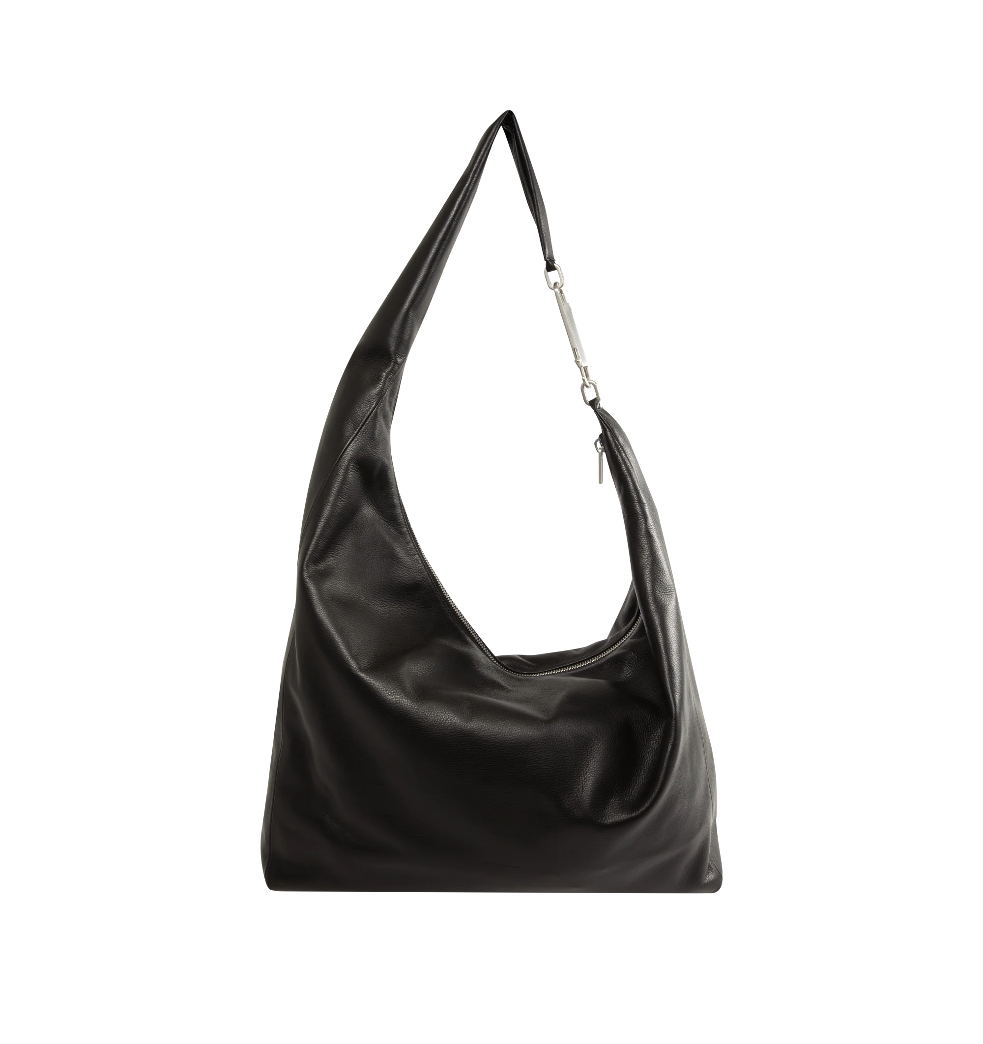 Image 1 of 3 - BLACK - Rick Owens Gemini Bag is crafted from glossy butter calf leather and features a large, soft A-shaped silhouette with a slouched center and curved shoulder strap. Designed with a top zip closure, Gemini double-ended snap hook engraved with the Rick Owens logo, an interior pouch pocket, and an exterior flat pocket with signature U-shaped stitching detail. Main Material: 100% Calf Leather. Dimensions: 54 cm x 38 cm x 12 cm. Fits: 13"16" laptop, documents, tablet, wallet, phone, water b