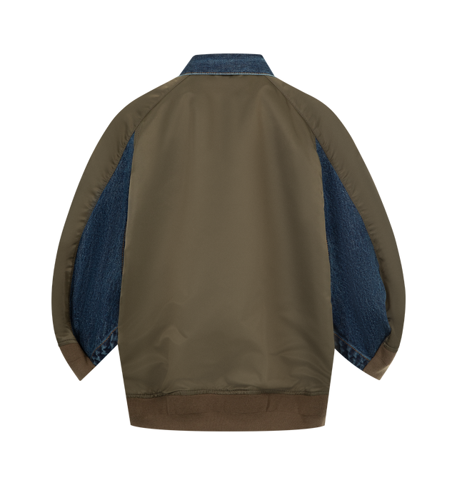 Image 2 of 3 - BLUE - SACAI Denim Nylon Mixed Media Jacket featuring an indigo-dyed denim front contrasted by puffer-inspired nylon back paneling, front button closure, spread collar, three-quarter sleeves, chest button-flap patch pockets and sleeve zip pocket. 100% cotton. 100% nylon, 55% polyester, 44% cotton, 1% polyurethane. Made in Japan.