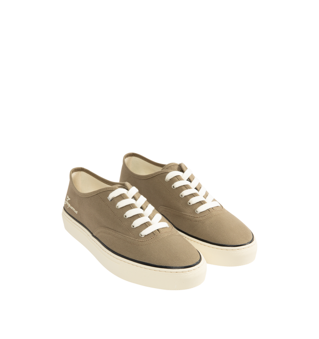Image 2 of 5 - BROWN - JACQUEMUS The Ff Skate Sneakers featuring canvas upper, round toe, flat cotton laces, embroidered signature and monogram logos, rubber sole and canvas insole and lining. 100% cotton. Made in Portugal. 