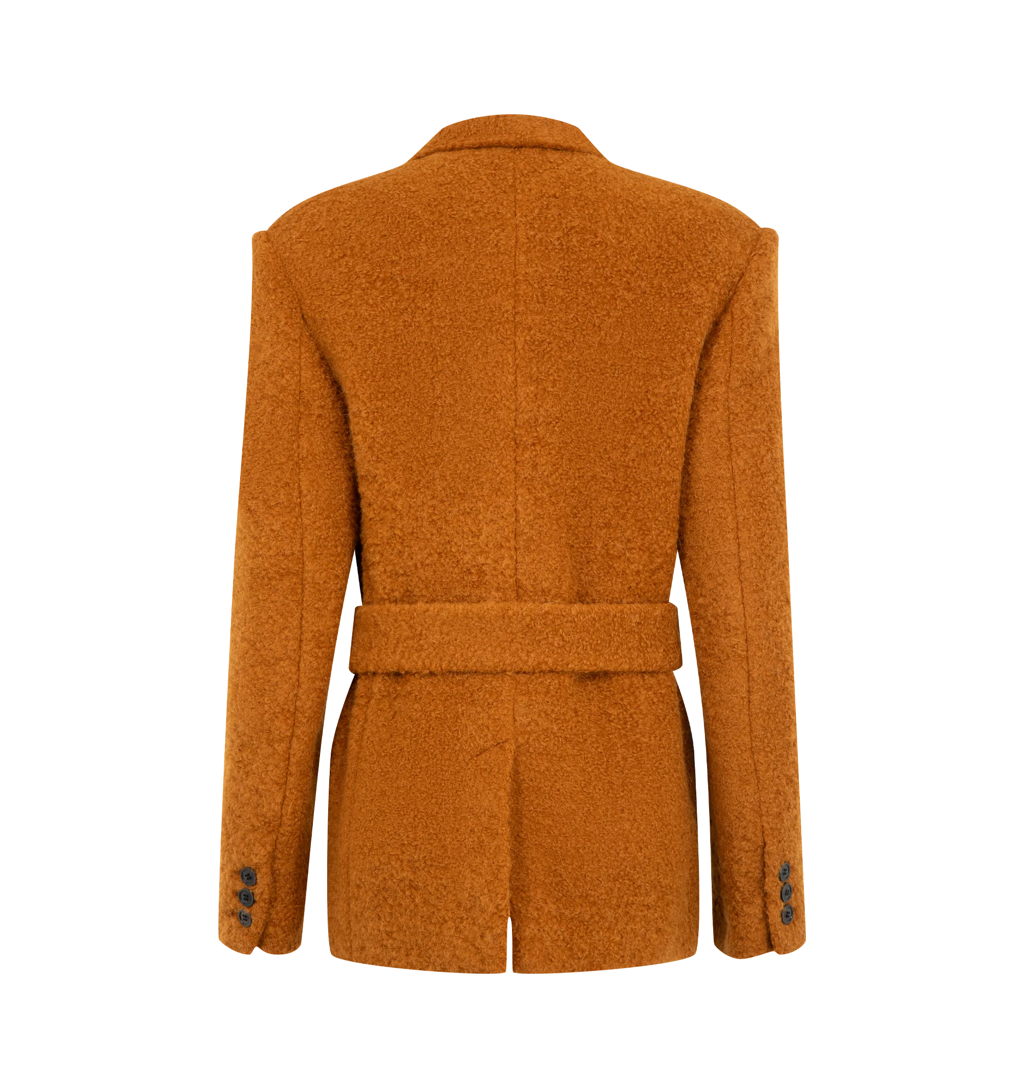Image 2 of 2 - ORANGE - Isabel Marant Womens Syndra Jacket is crafted from a wool and boucl alpaca blend. Features a tailored fit, double-breasted button closure, removable tonal tie belt, structured shoulders, long sleeves with buttoned cuffs, and front flap pockets. Main Material: 45% Virgin Wool, 43% Alpaca, 12% Polyamide. Made in Poland.