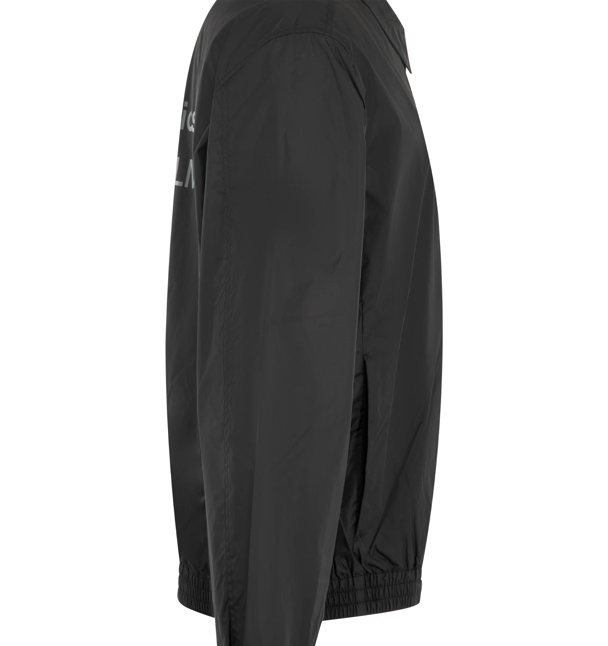 Image 3 of 3 - BLACK - Acne Studios Mens Nylon Jacket is crafted from lightweight recycled nylon with a semi-shiny finish. Features a regular fit, below-waist silhouette, pointed collar, front zip closure, side-seam pockets, elasticized cuffs and hem, full lining, and Acne Studios 1996 logo at the back. Main Material: 100% Nylon; Lining: 55% Polyester, 45% Viscose. Made with recycled nylon and recycled polyester/FSC-certified viscose lining. Made in Portugal. 