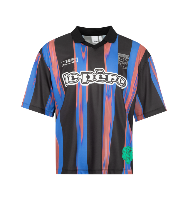 Image 1 of 3 - MULTI - LE PERE FC Amado Kit Shirt featuring oversized fit, football style, boxy shape, dropped shoulders, exaggerated silhouette contrasted with a cropped length, contrast ribbed collar and short sleeves. 100% polyester.