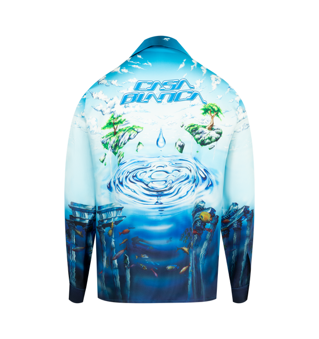 Image 2 of 2 - BLUE - CASABLANCA Lost Atlantis Silk Shirt featuring graphic printed throughout, open spread collar, concealed button closure and long sleeves. 100% silk. Made in Italy.