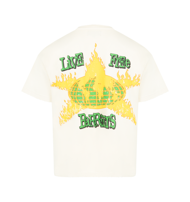 Image 2 of 2 - WHITE - BARRIERS Change the World Tee featuring crew neck, short sleeves, light distressing for vintage effect, oversized screen printed graphic and boxy fit. 100% cotton. 