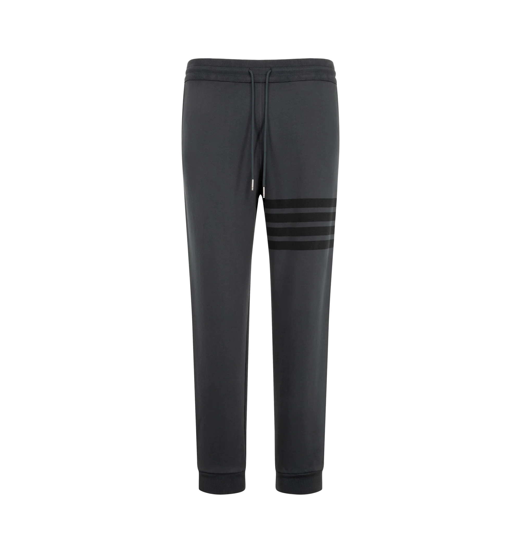 Image 1 of 3 - GREY - Thom Browne Men's Classic Loopback Sweatpants feature a pull-on waist with drawcords, and slim leg with signature stripes, logo patch and cuffed hems. Material: Cotton.