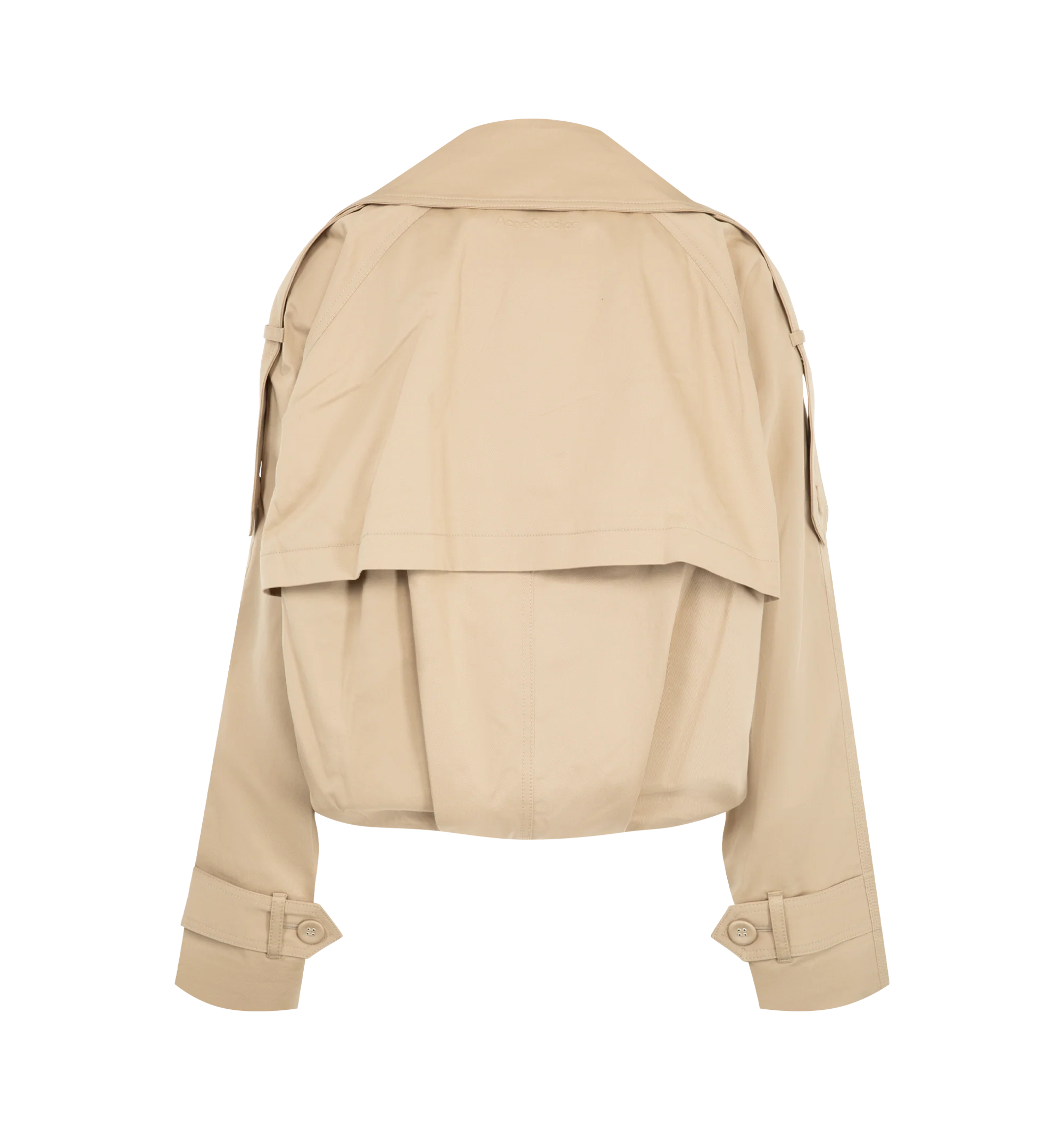 Image 2 of 3 - NEUTRAL - Acne Studios Womens Short Trench Coat is crafted from cotton twill. Features a relaxed fit, below-waist length, wide lapels, epaulettes, side pockets, sleeve tabs, balloon hem, and Acne Studios logo at the back neckline. Main Material: 99% Cotton, 1% Elastane; Lining: 100% Cotton. Made with organically grown cotton. Made in Portugal.